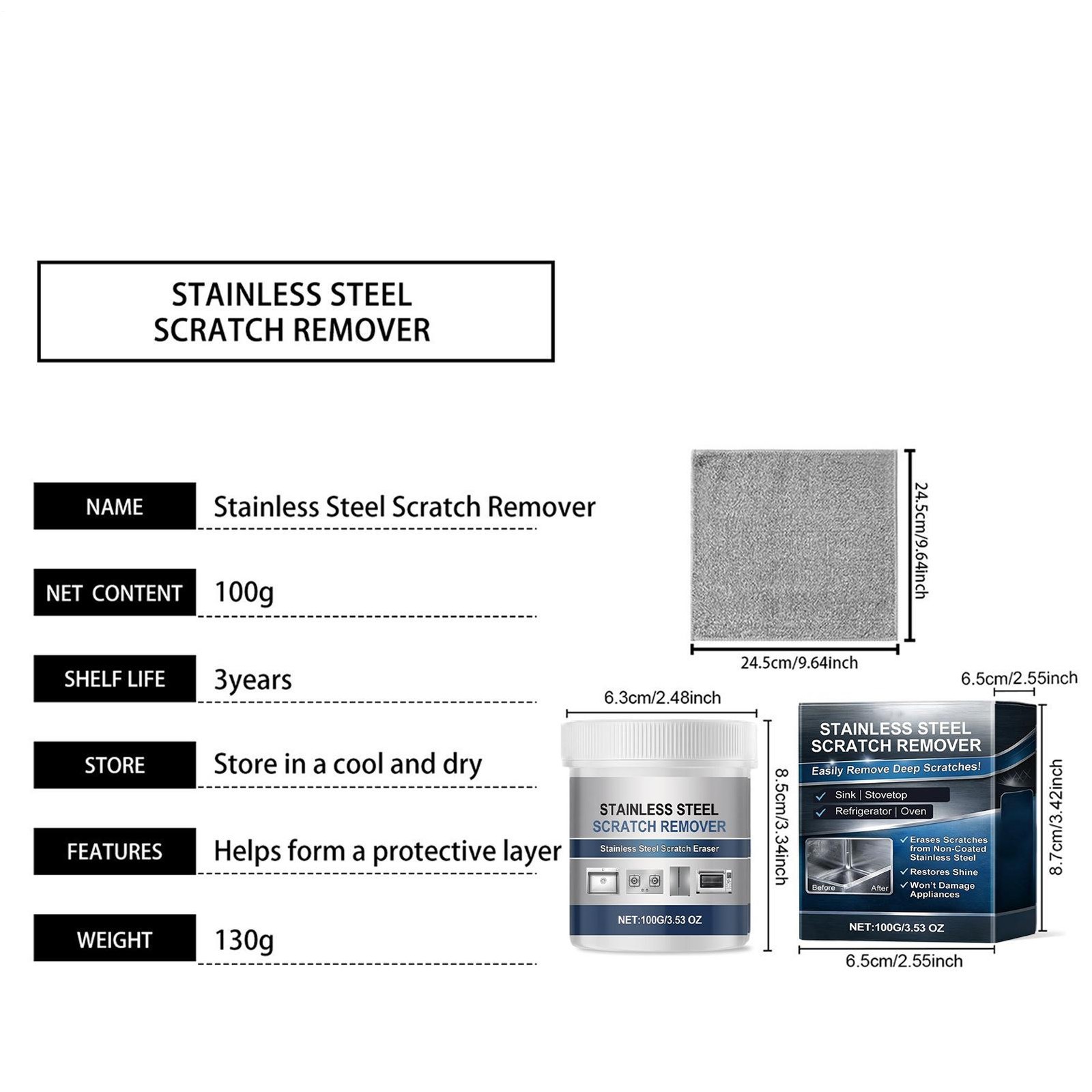 Stainless Steel Scratch Removal Kit 100g Metal Cleaner Polish Paste Rust Remover