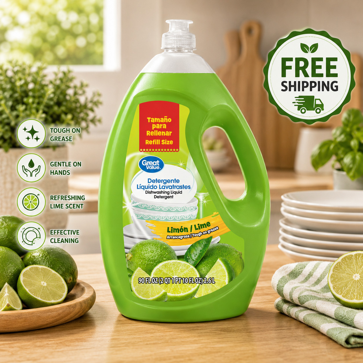 Great Value Dish Washing Liquid Detergent, Limon/Lime, 90 fl oz