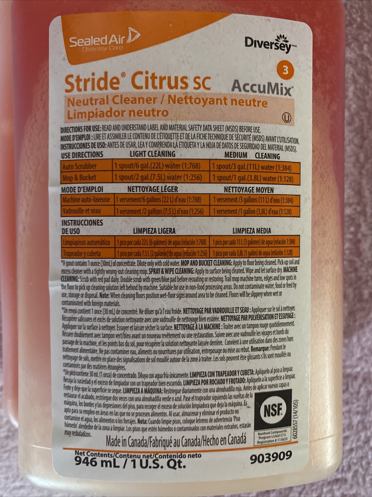Diversey 903909 Neutral Floor Cleaner,32 Oz.,Citrus stride sealed air