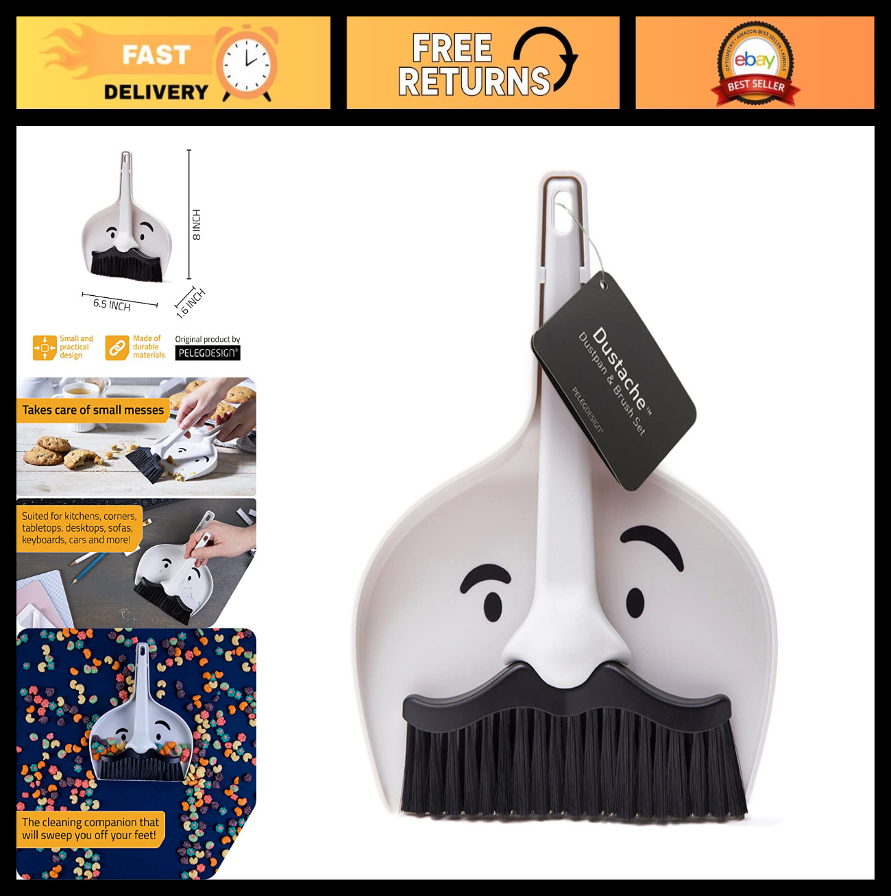 Mini Mustache Dustpan and Brush Set – Small Broom for Home & Travel Cleanup