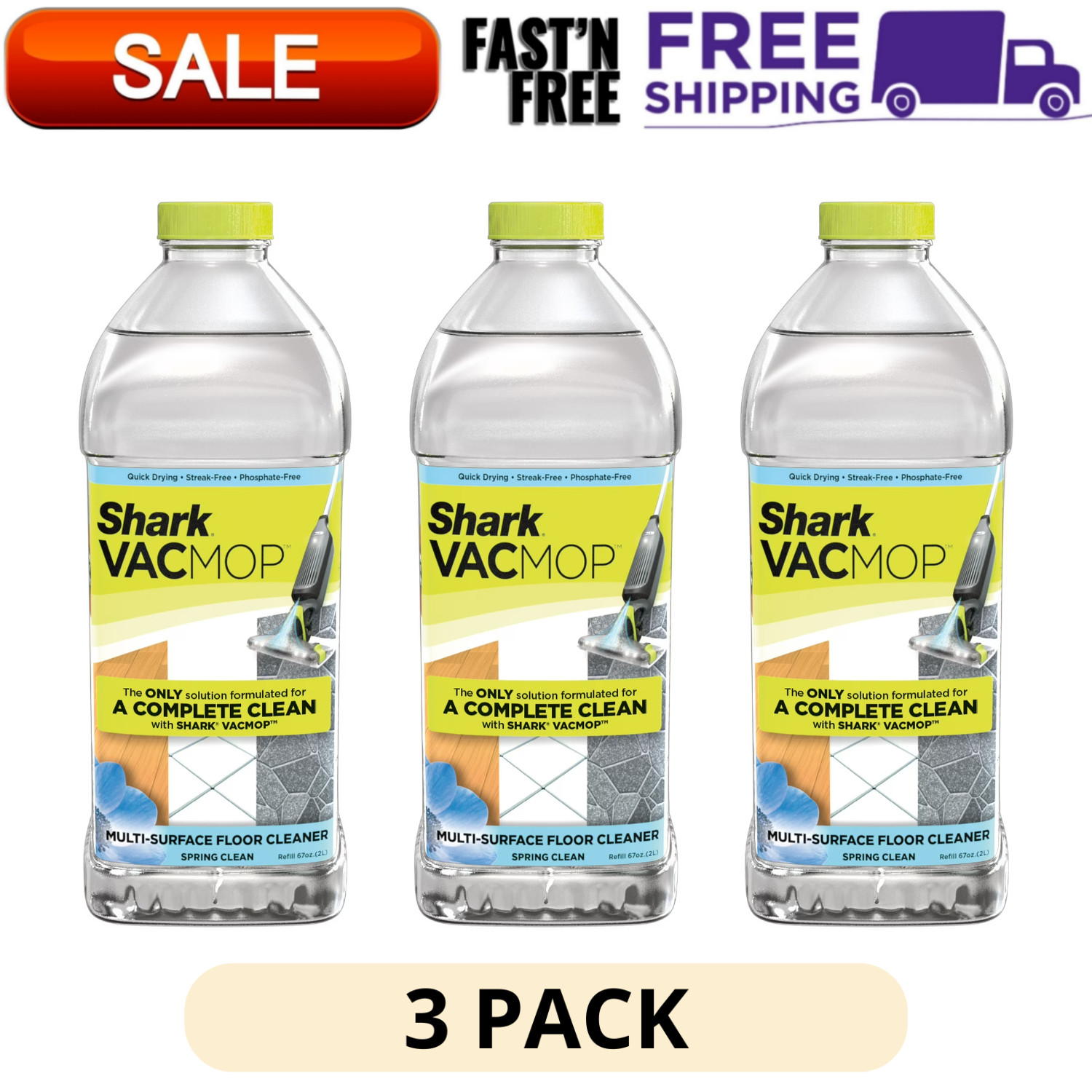 3 Pack Shark Multi Surface Cleaner Refill for VACMOP Spring Clean Scent 2 Liter