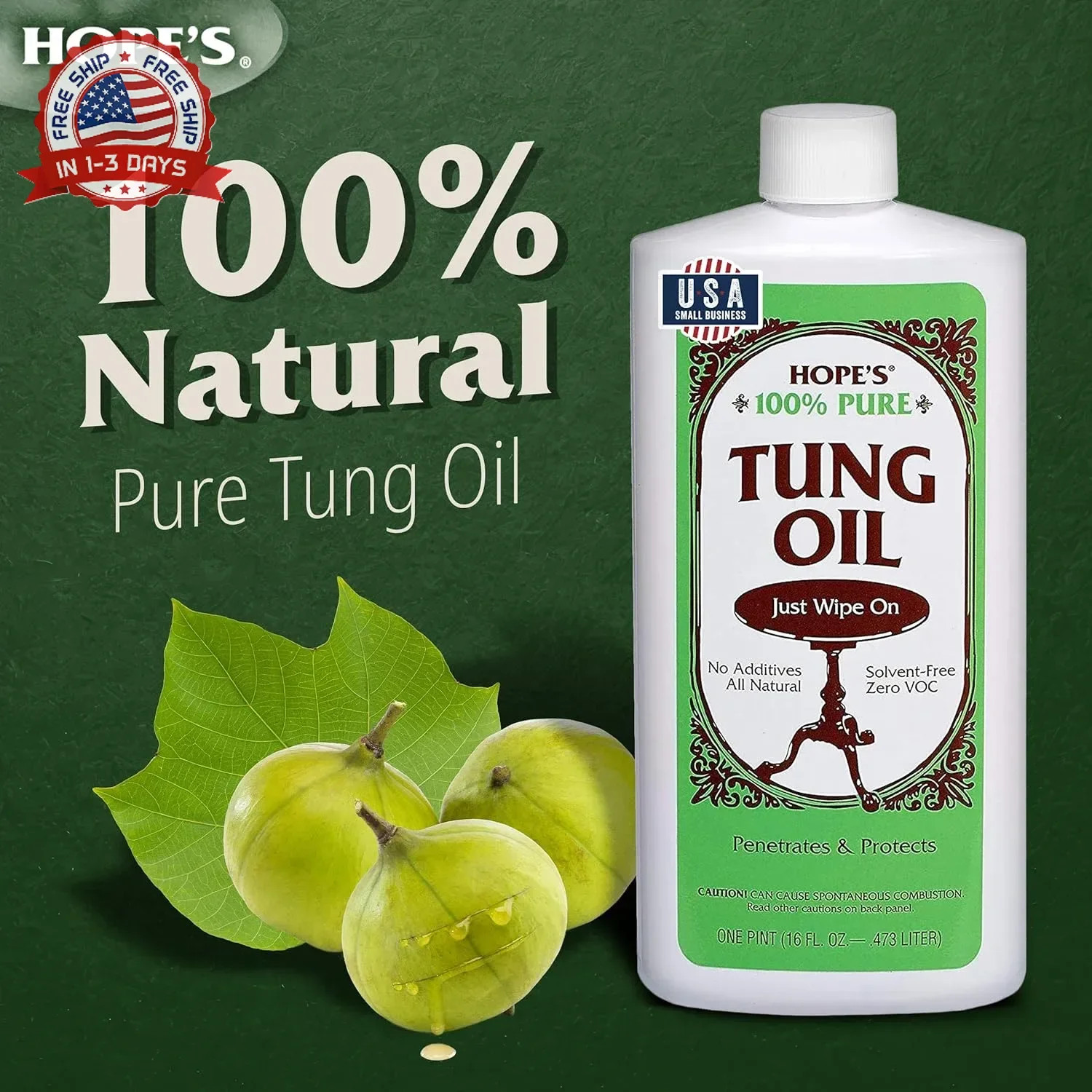 HOPE’S 100% Pure Tung Oil, Food Safe, Premium Waterproof Natural Wood Finish and