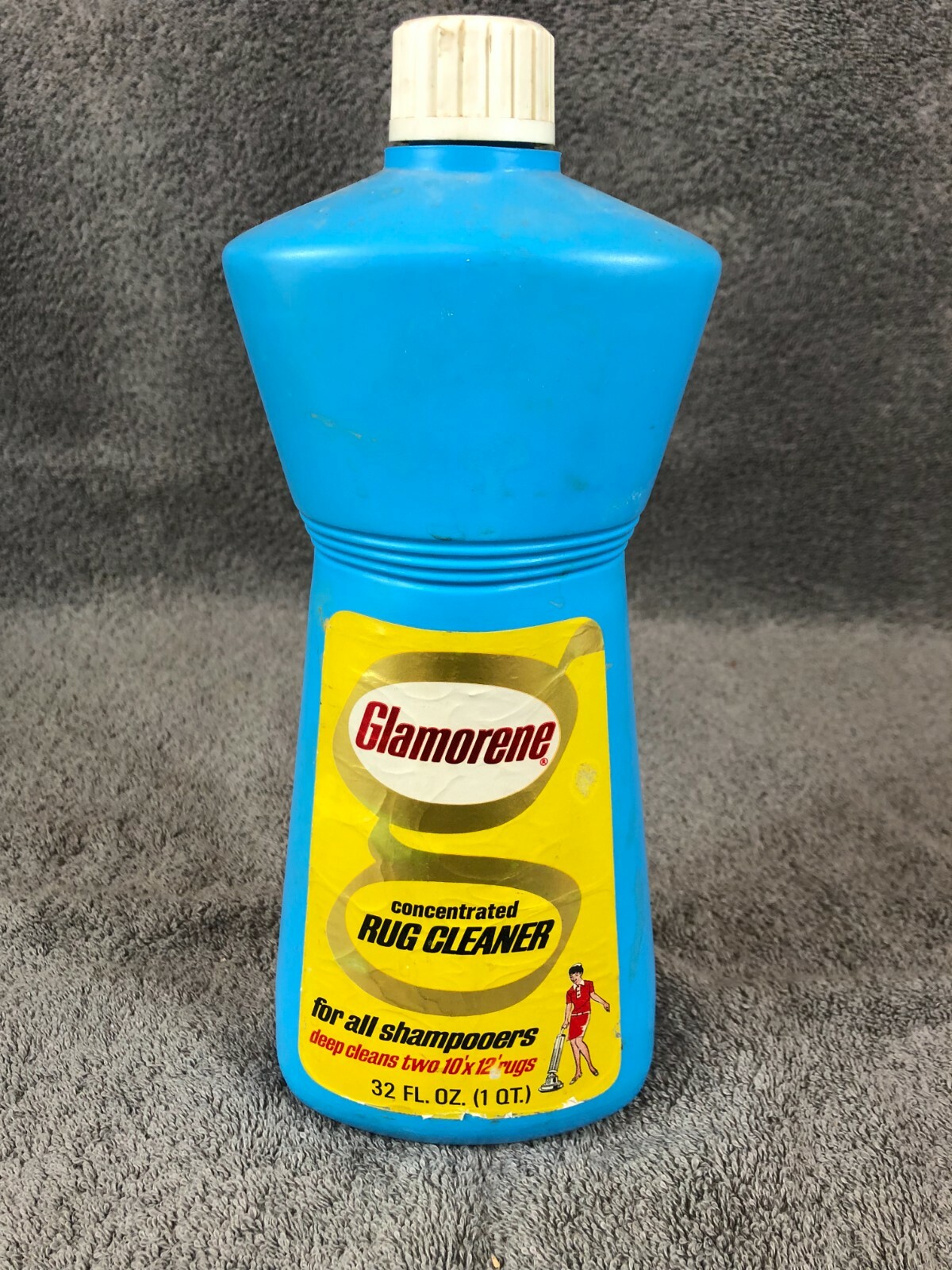 Vintage Bottle of Glamorene for All Rugs and Carpets 32 fl. oz. Half Full Blue