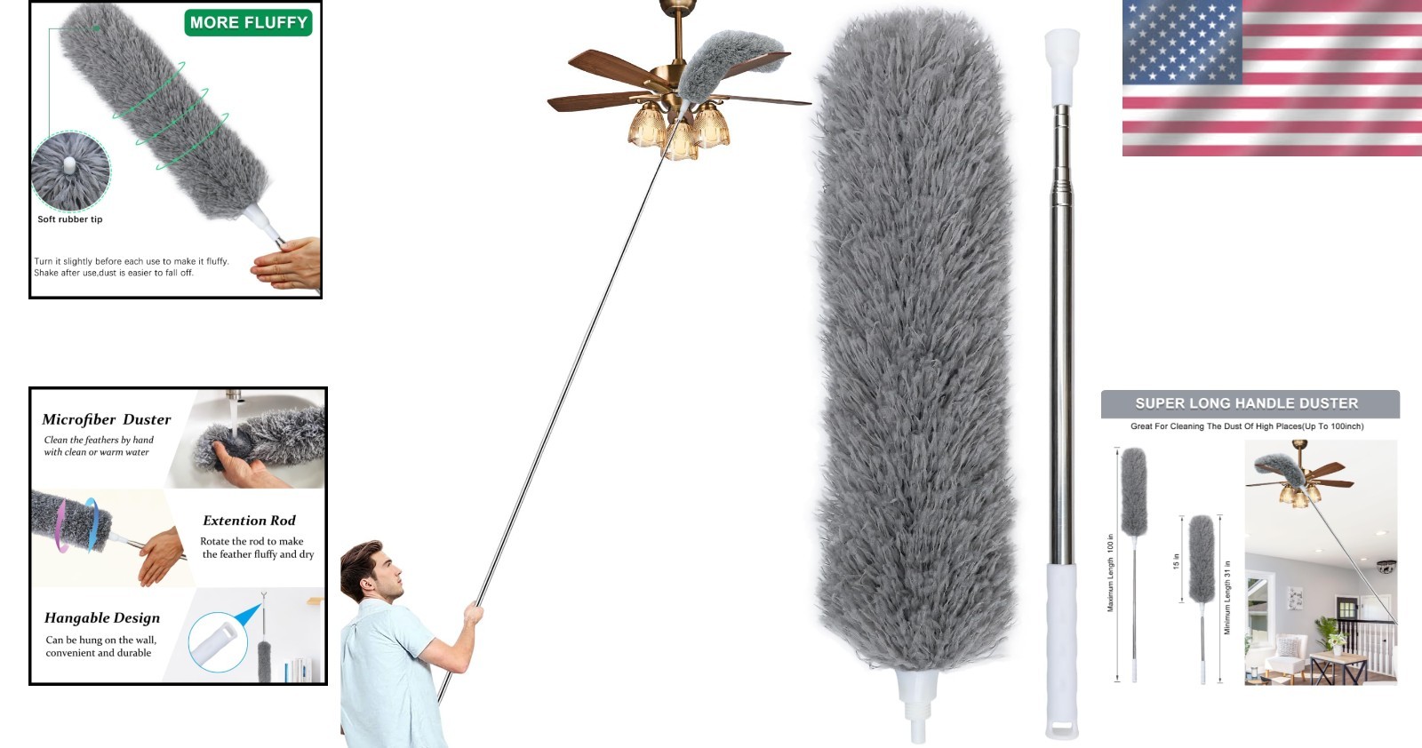 Microfiber Ceiling Fan Duster-Cobweb Cleaner Brush Kit Telescopic Extension Pole