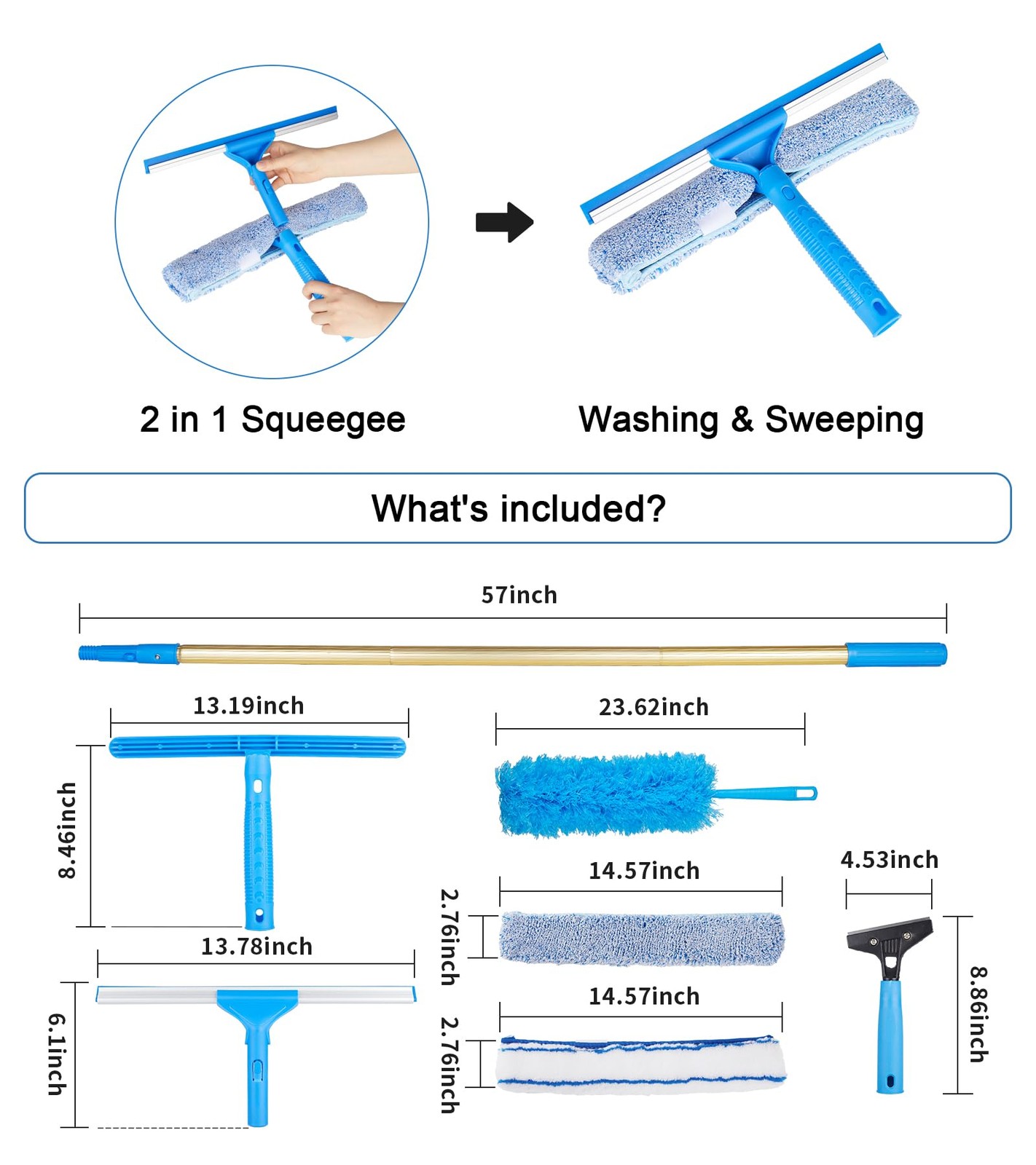 2 in 1 Window Squeegee Cleaning Kit with Aluminum Alloy Extension Poles Scrubber