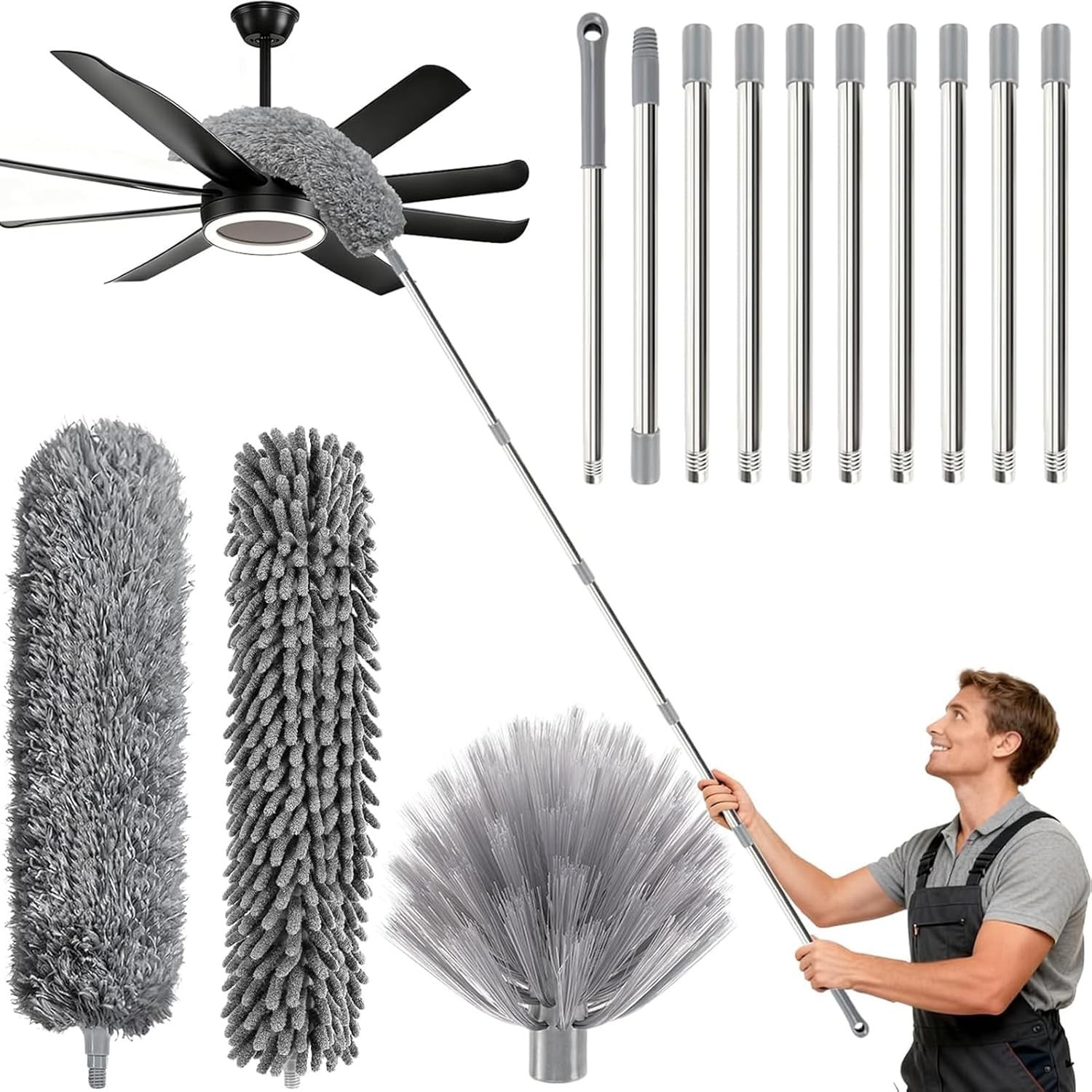 3-in-1 Duster with Extension Pole – Long Reach Cobweb & Microfiber Cleaning Tool