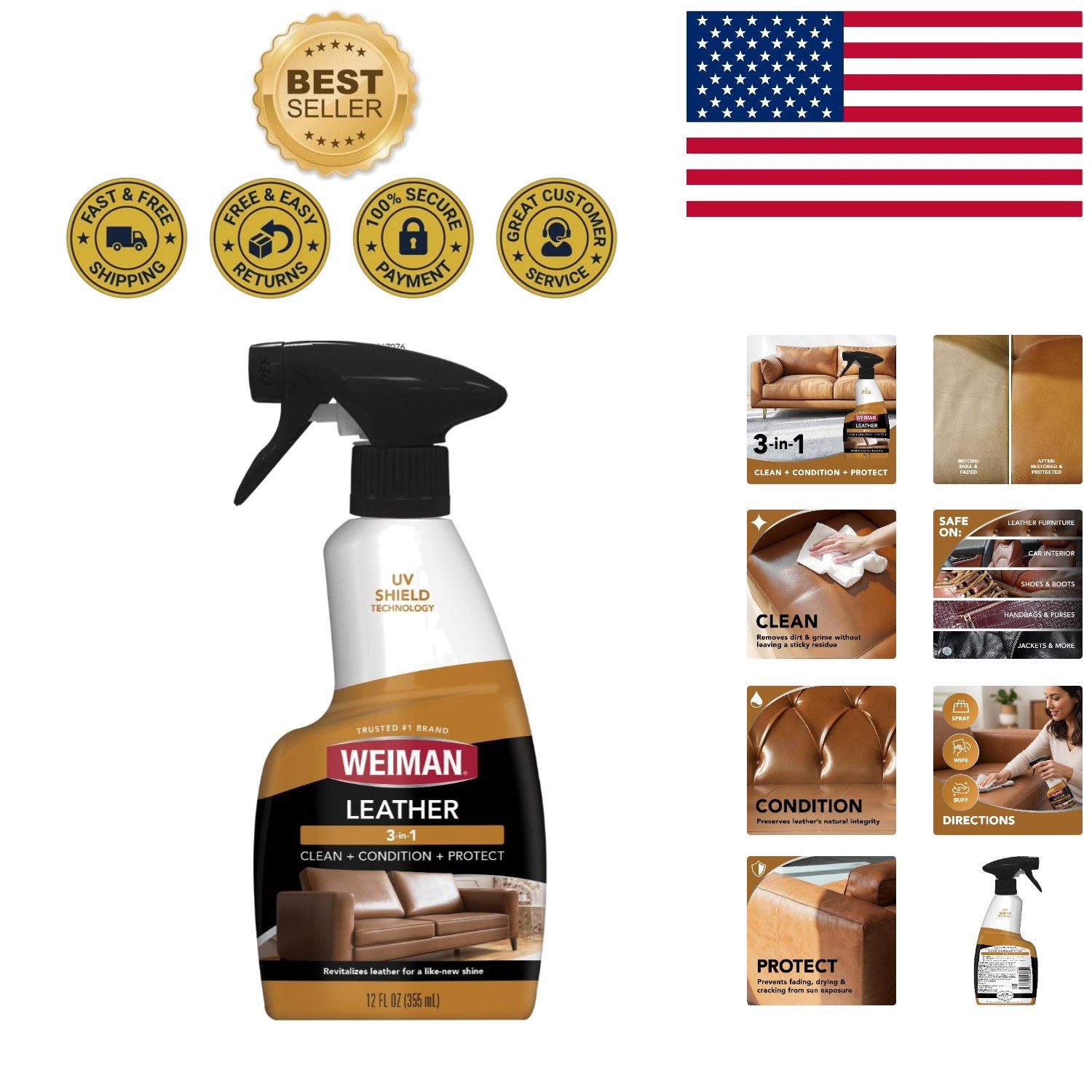 12 Fl Oz Leather Cleaner & Conditioner – UV Protection & Restoration for Luxu…