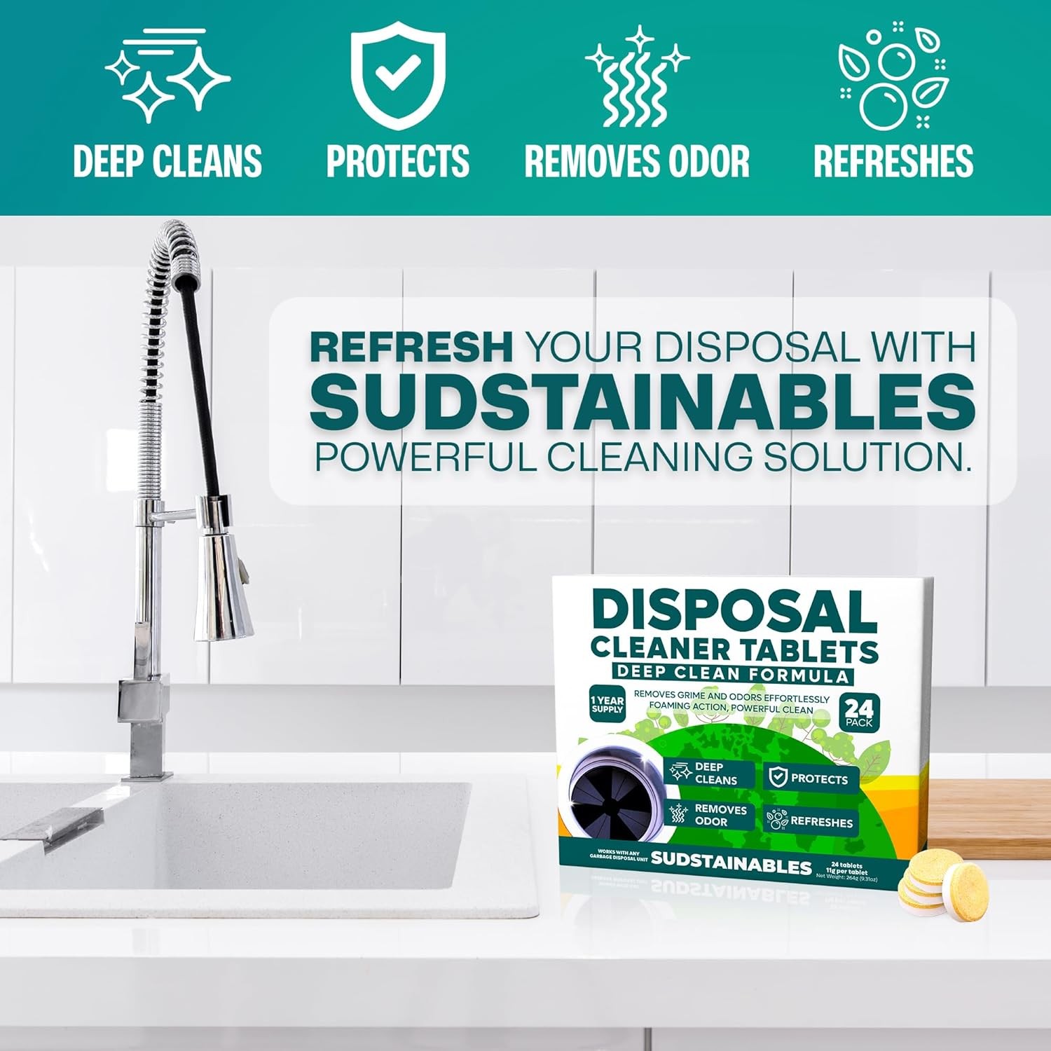 Garbage Disposal Cleaner Tablets 24-Pack – Sink Cleaner and Deodorizer, Disposal