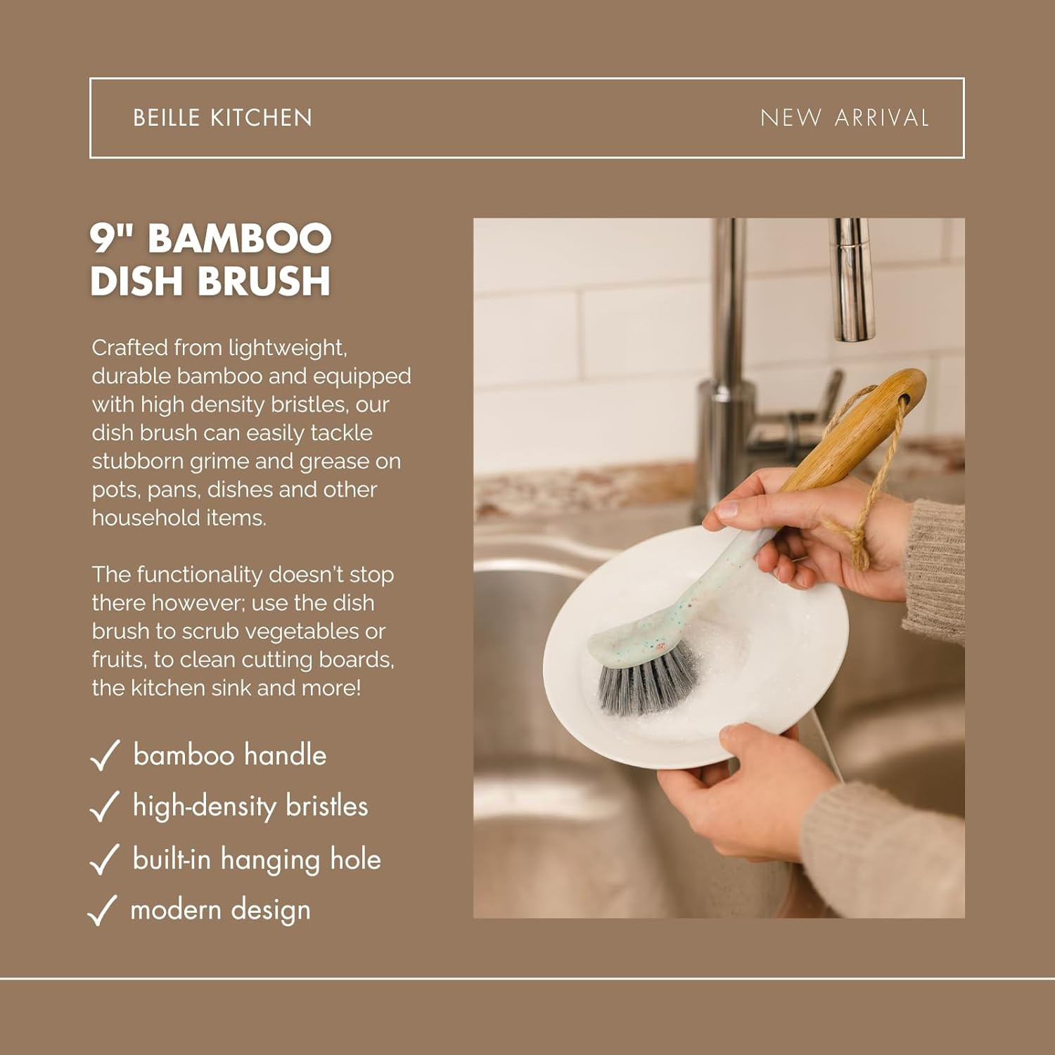1pc Dish Brush with 9 Inch Bamboo Handle Household Essentials Cleaning Supplies