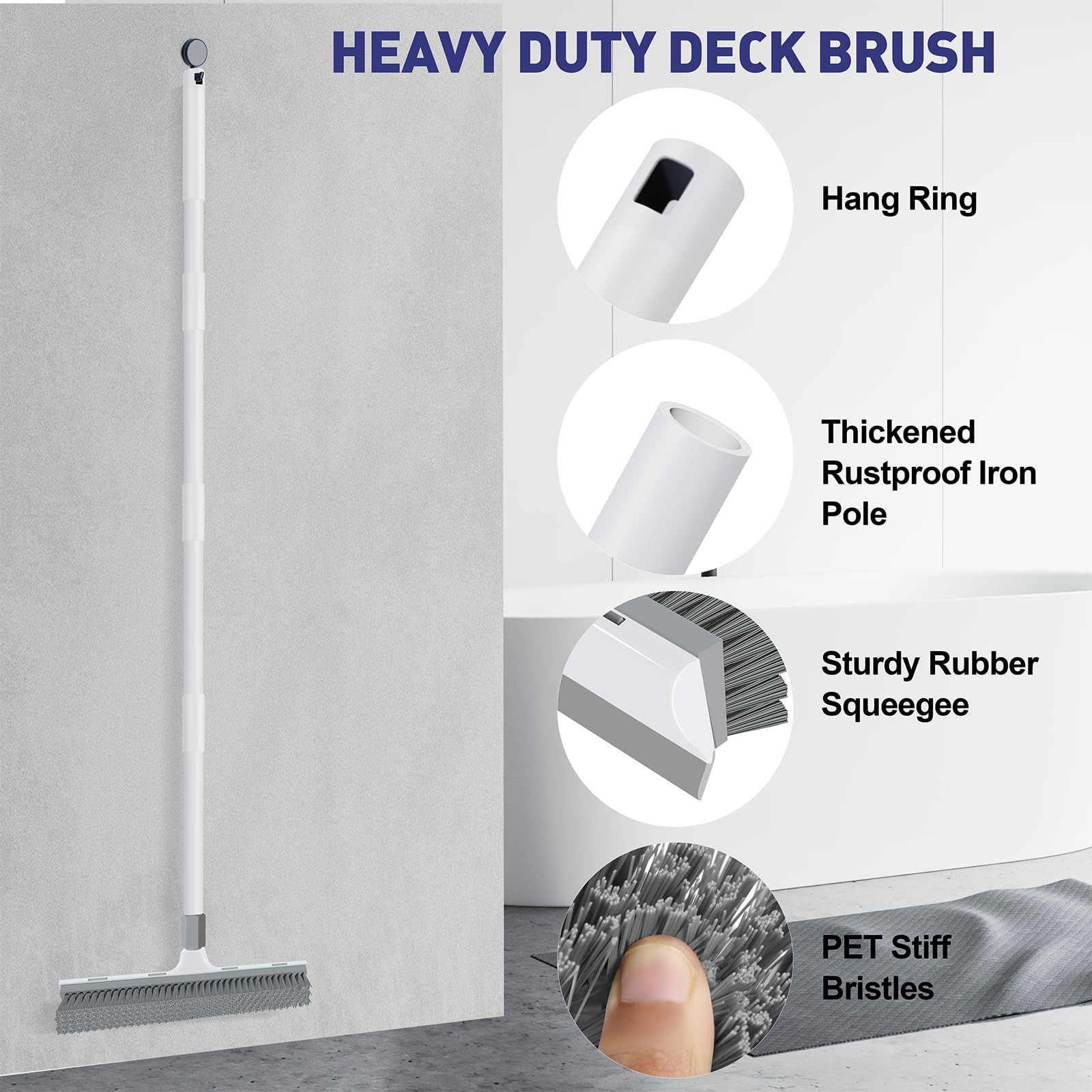 60 inch Long Handle Floor Scrub Brush, 2 in 1 Heavy Duty Hard Bristle Deck Sc…