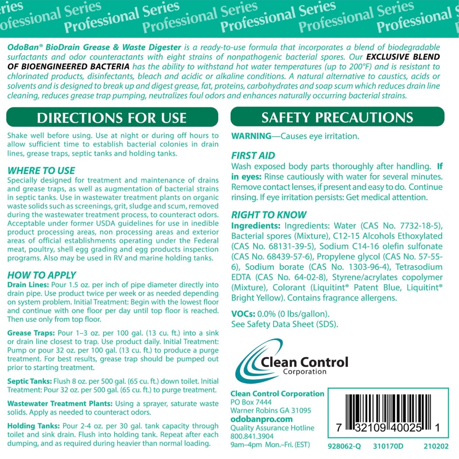 OdoBan BioDrain Grease and Waste Digester Professional Series 1 Quart Bottle