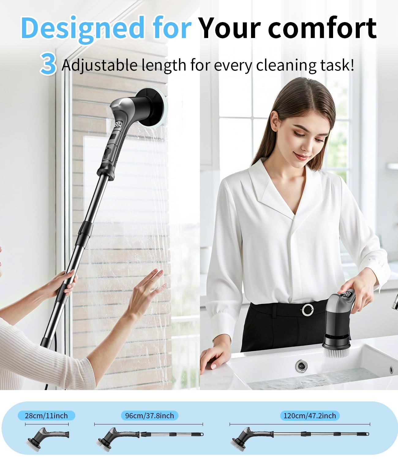 Electric Spin Scrubber with 3 Speed, Adjustable Extension Handle, 8 Brush Hea…