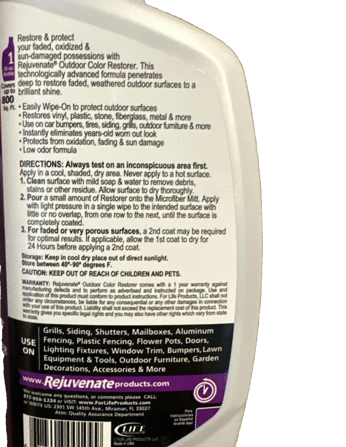 Rejuvenate Outdoor Color Restorer 16 oz Patio Furniture Cleaner Wipe On NEW