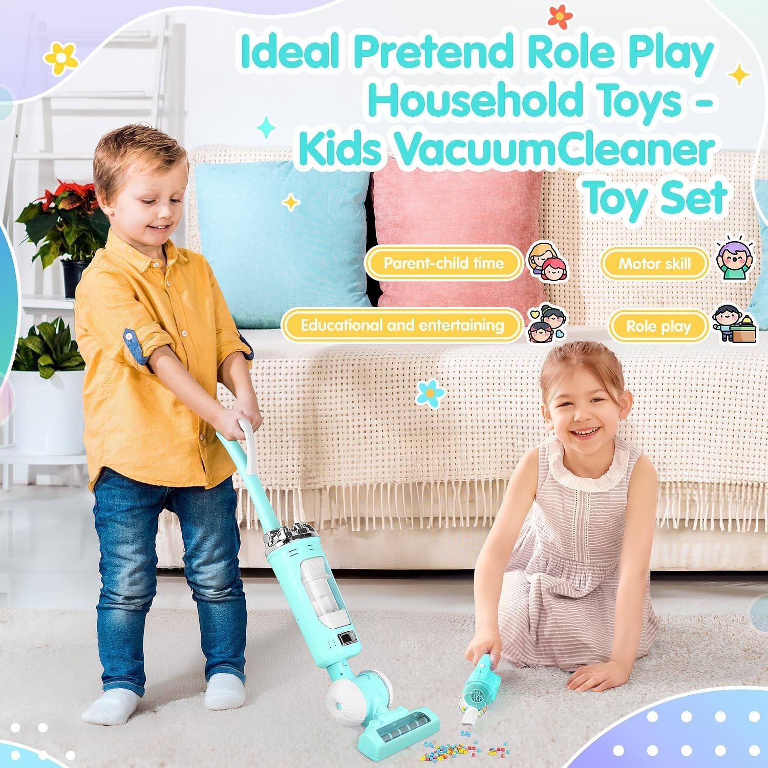 Kids Vacuum Cleaner Toy Set for Toddlers, 2PCS Pretend Role Household