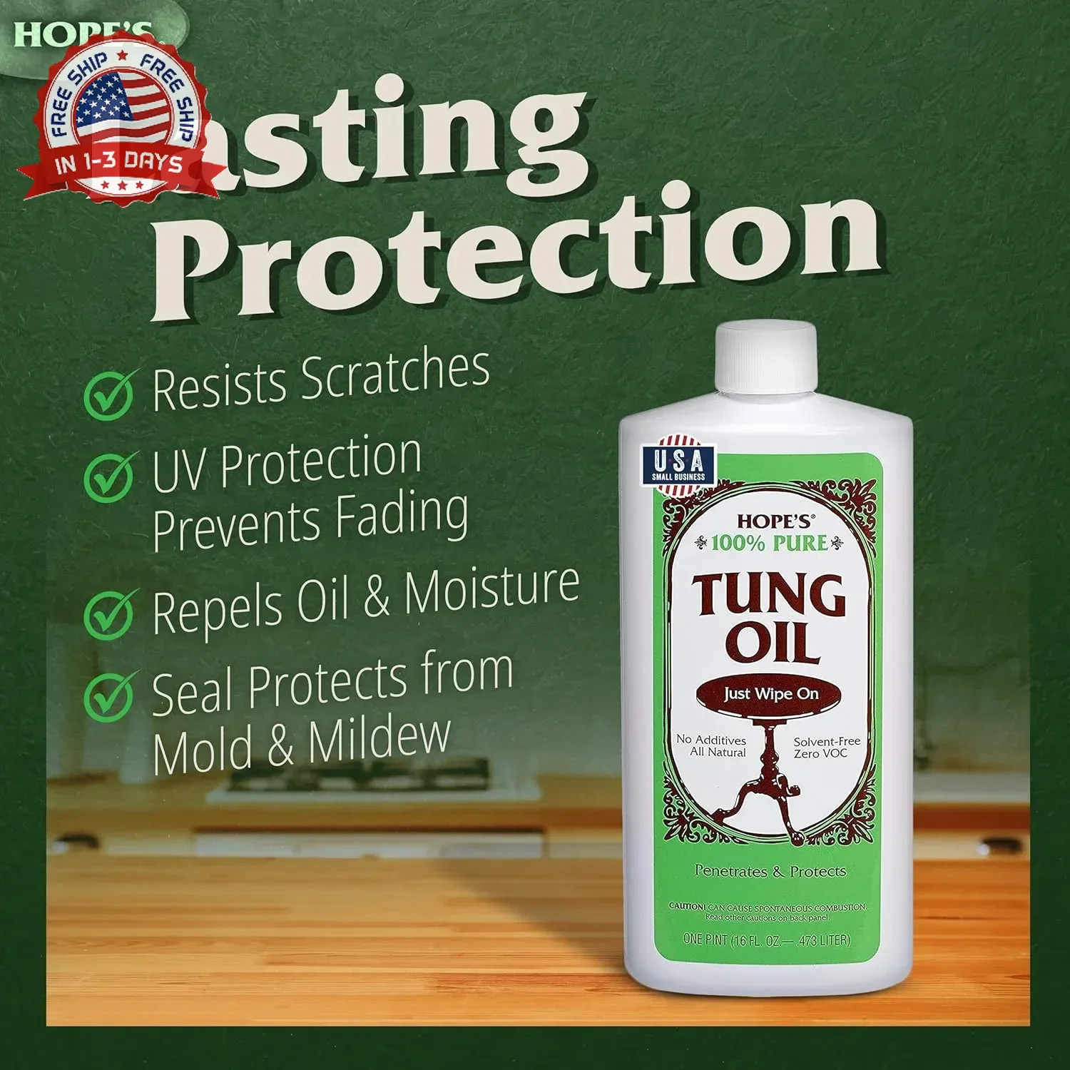HOPE’S 100% Pure Tung Oil, Food Safe, Premium Waterproof Natural Wood Finish and