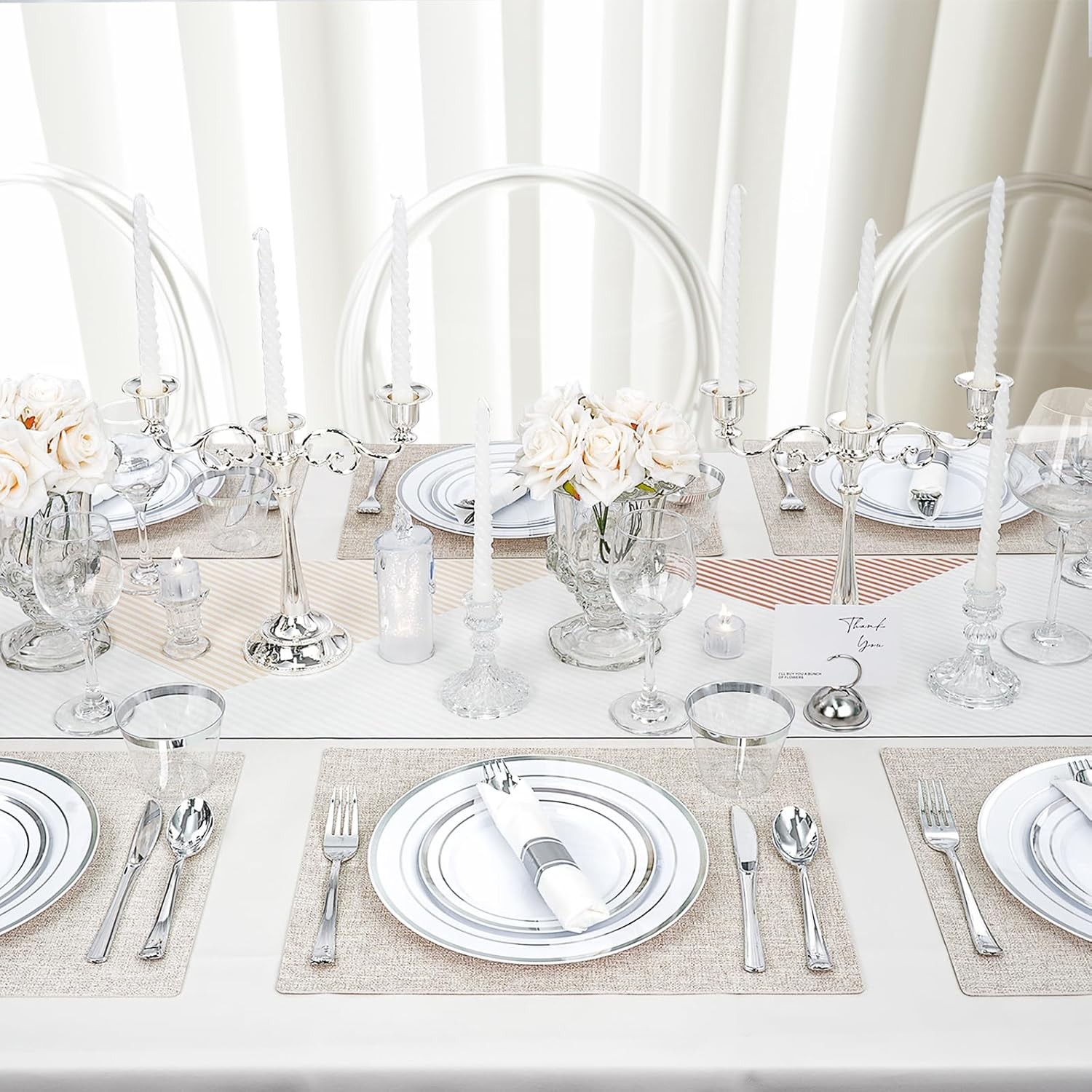 175 PCS White and Silver Plastic Dinnerware Set for 25 Guests, 50 Disposable P