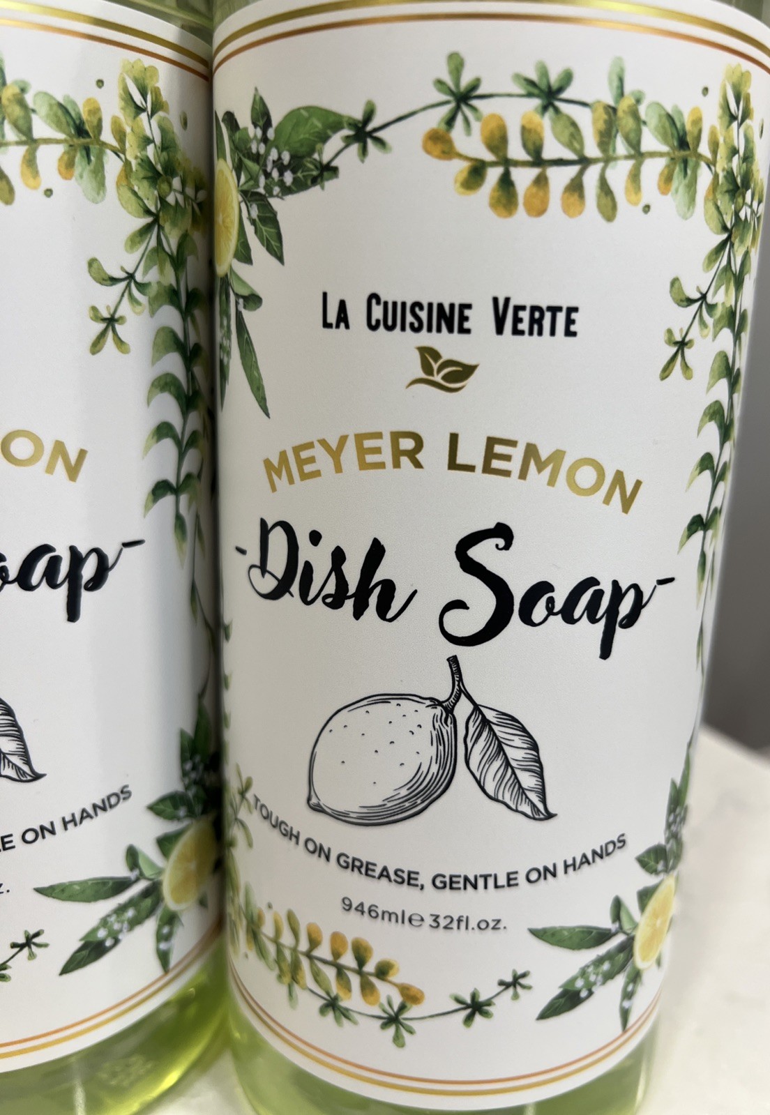 2 Bottles Meyer Lemon Dish Soap ~ Tough on Grease, Gentle on Hands 32 fl oz Each