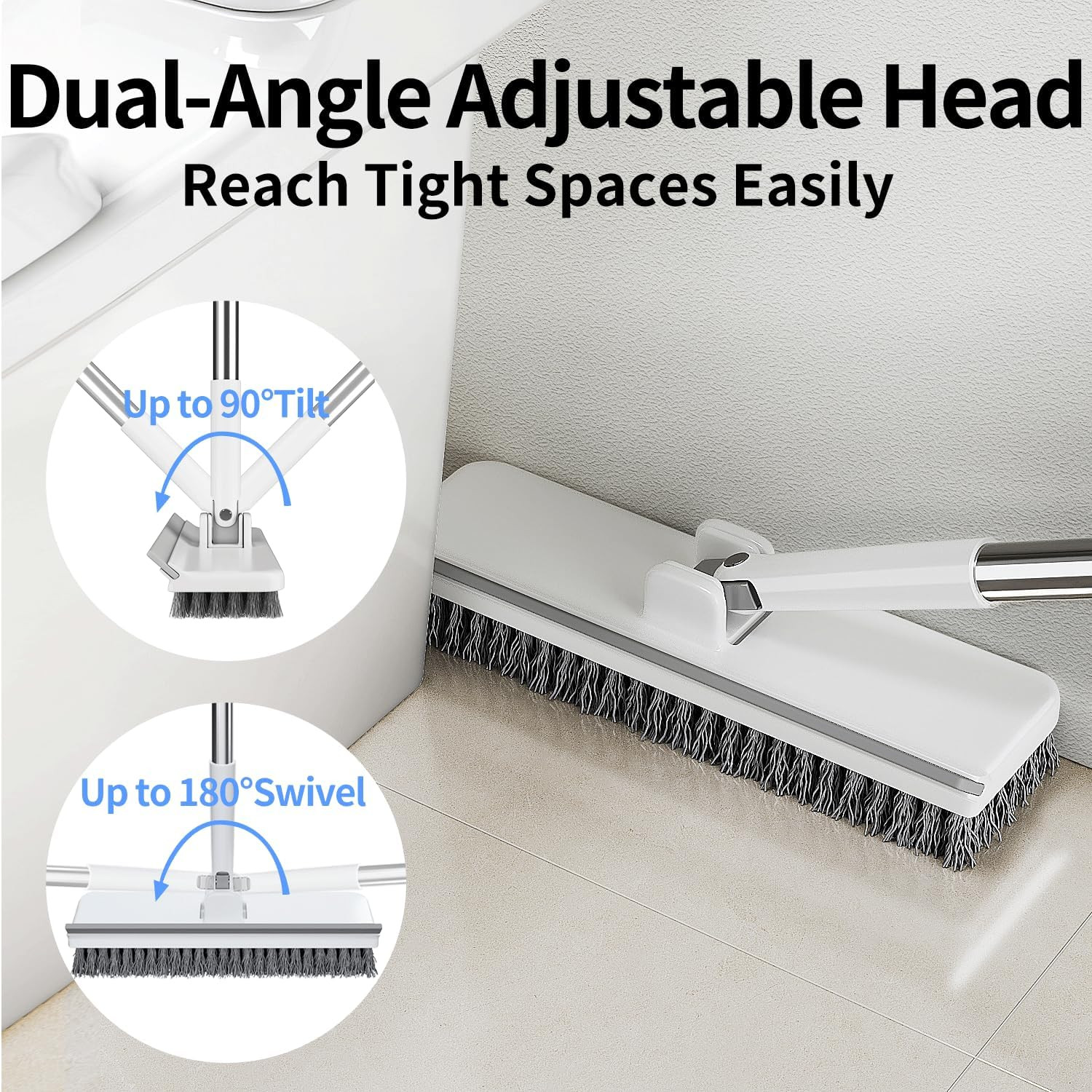 Floor Scrub Brush with 55″ Long Handle, 2-In-1 Floor Brush with Built-In Squeege