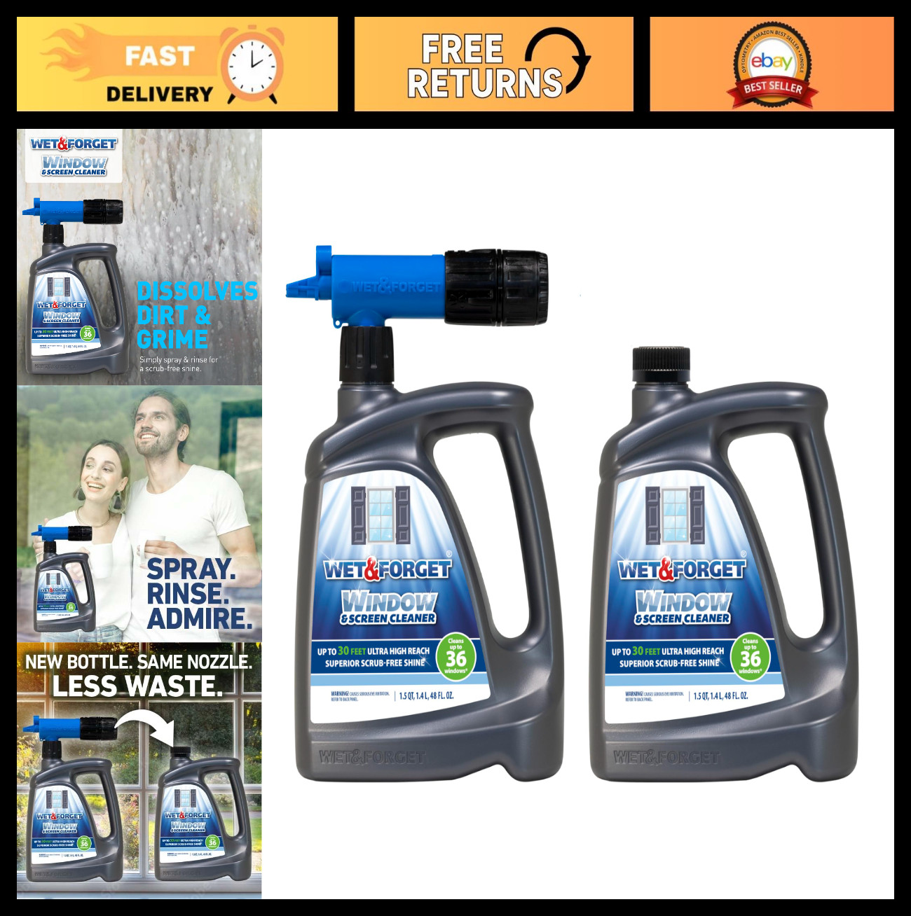 Outdoor Window & Screen Cleaner Spray with Hose Attachment – No Scrubbing, 48oz