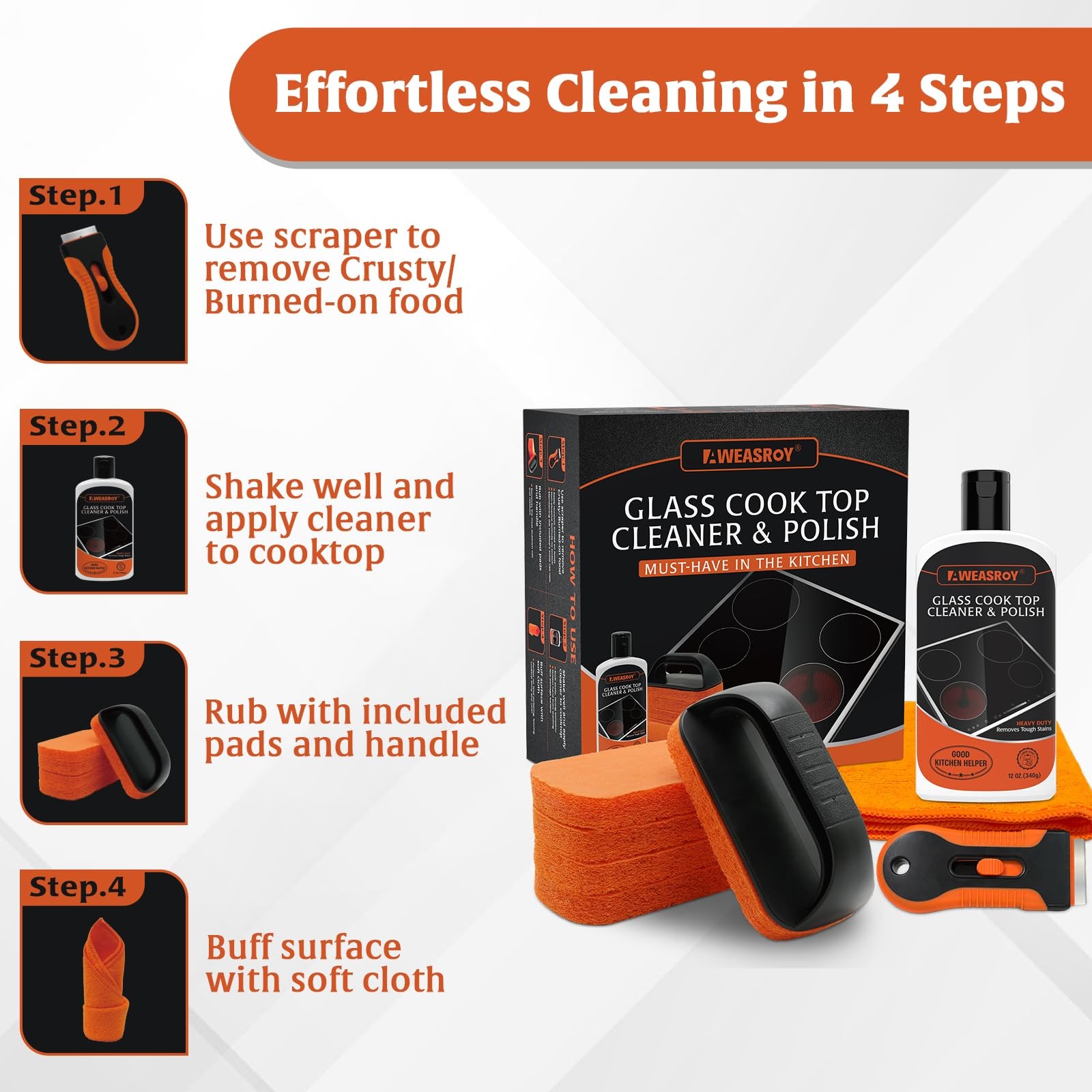 Glass Stove Top Cleaner Kit 12 oz, Cooktop Cleaner and Polish Non-Abrasive