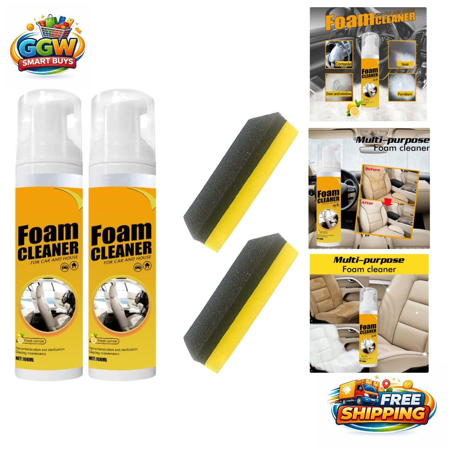 All-Purpose Foam Cleaner Spray: Fresh Lemon Scent for Leather and Vinyl Surfaces