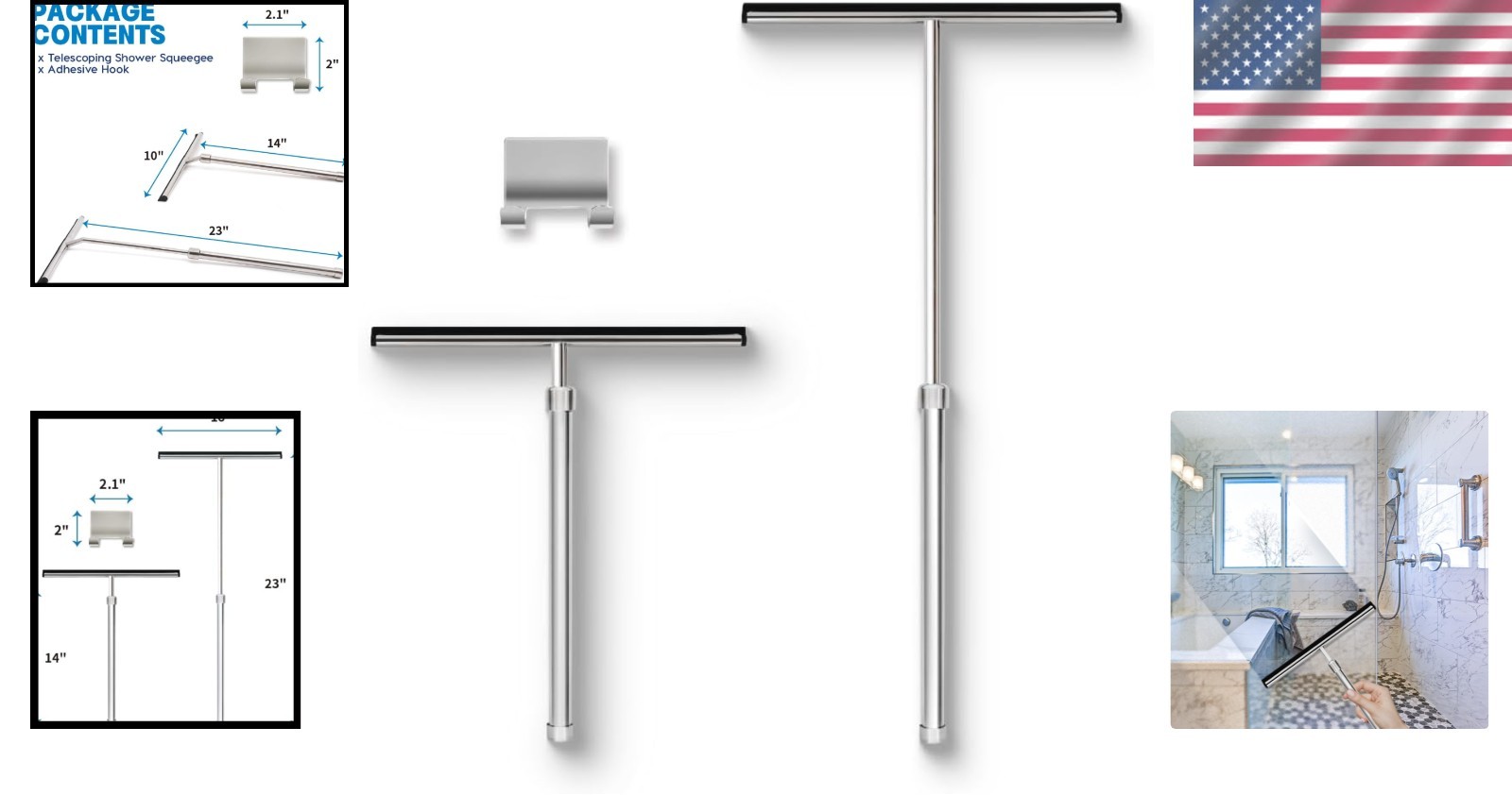Multi-Purpose Shower & Window Squeegee with 10 Inch Blade and Hook for Bathrooms