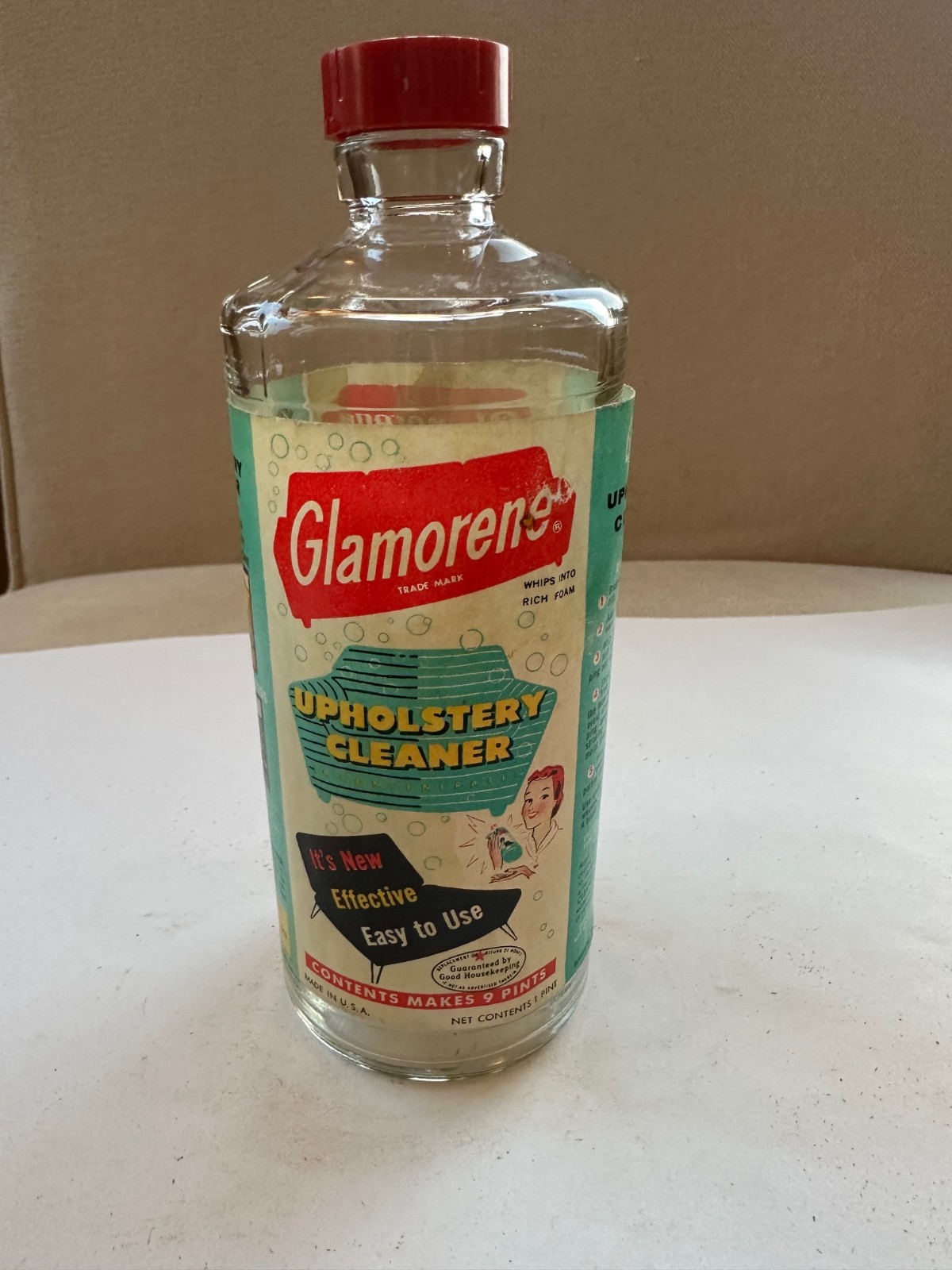 Vintage Glamorene Upholstery Cleaner One Pint Bottle With Lid. No contents.
