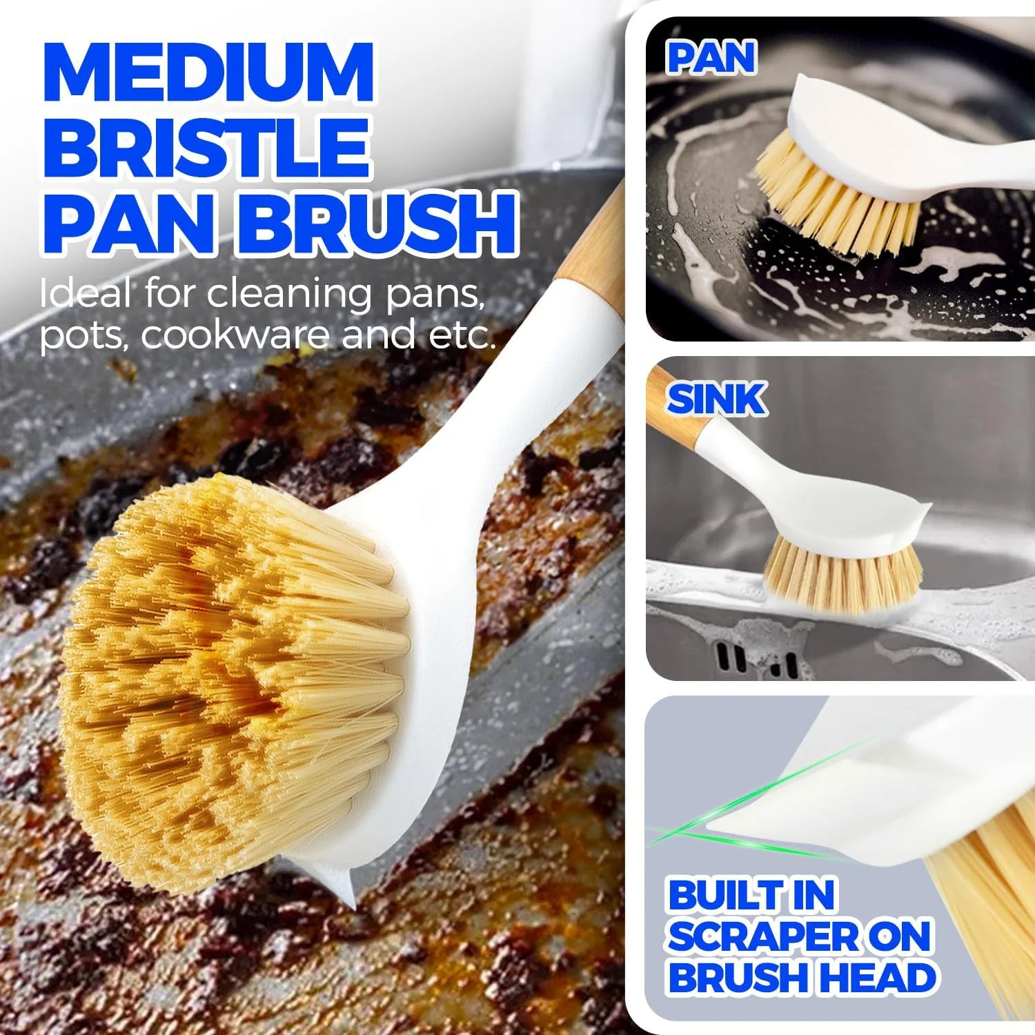 Holikme 3 Pack Dish Brush Set with Bamboo Handle, Kitchen Brushes for Cleaning P