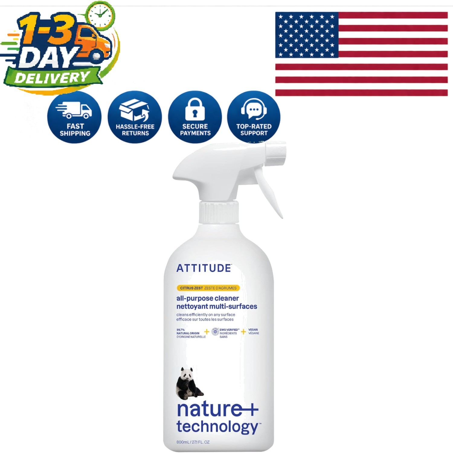 EWG Verified All Purpose Cleaner – 94% Plant-Based, Streak-Free Citrus Spray