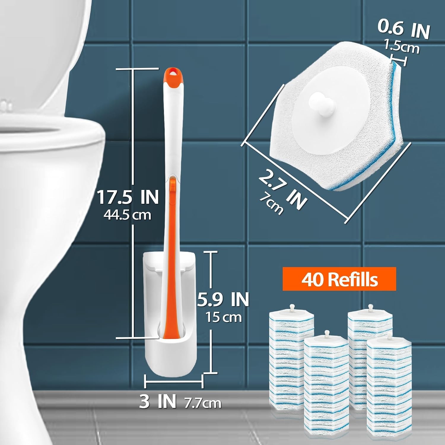 Disposable Toilet Bowl Cleaner Wand with 40 Cleaner Refills, Wall Mounted Long H