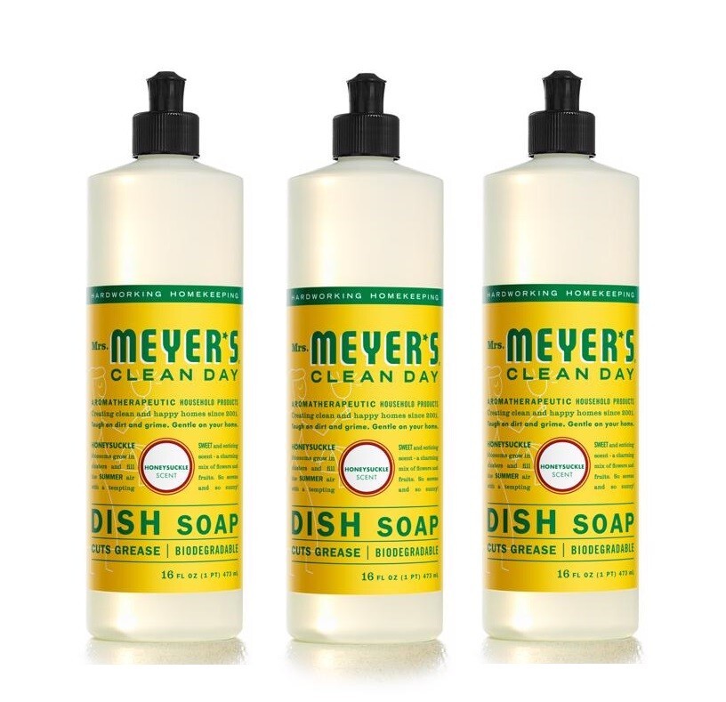 3 ~ Mrs Meyers Clean Day Dish Soap HoneySuckle Scent Cuts Grease 16 oz