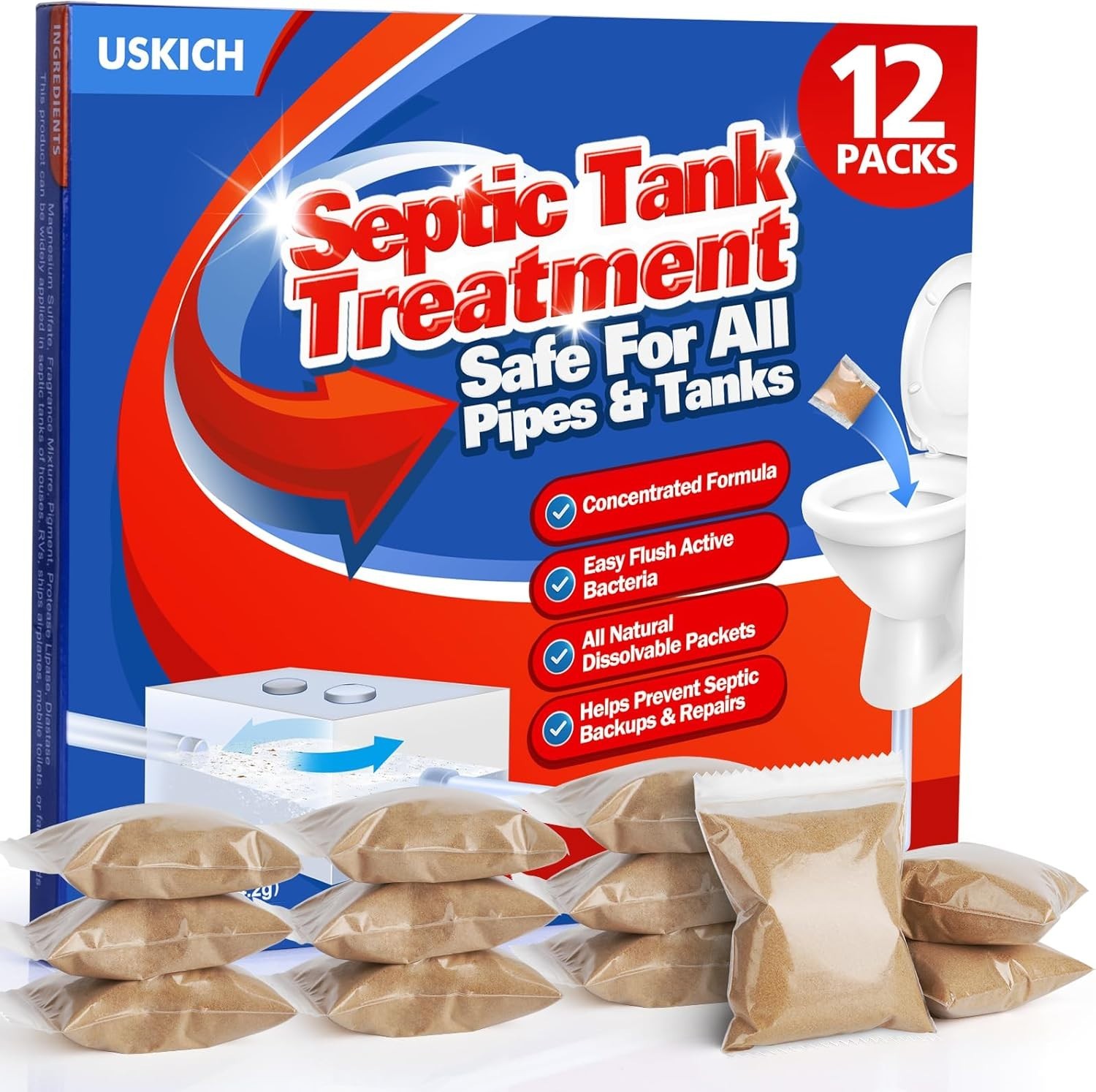 Septic Safe Dissolvable Bacteria Packets – 12 Count for Odor Control and Clogs