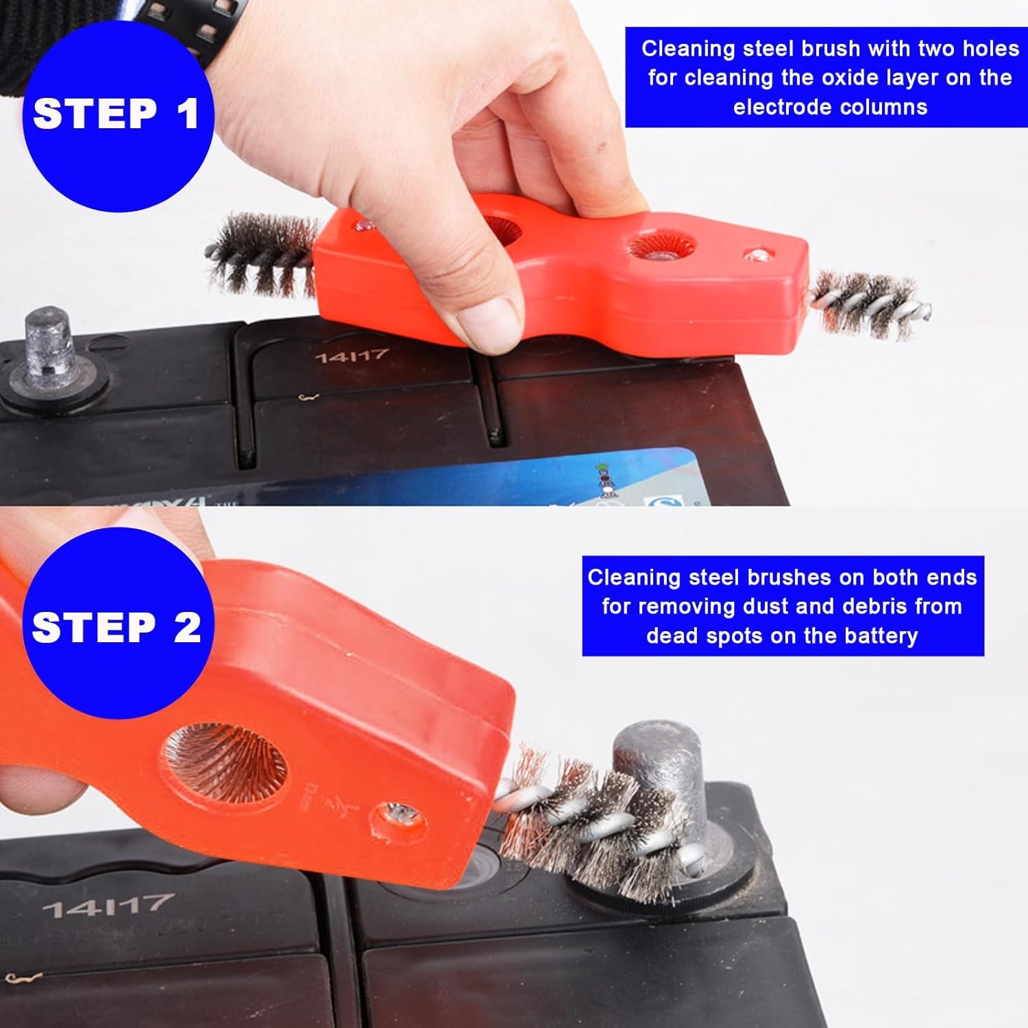 Battery Terminal Cleaning Brush, 4 in 1 Anti-Corrosion Car Ba Color: Black+Red