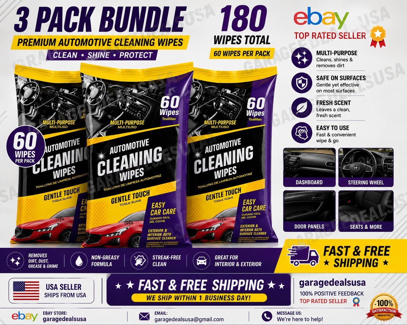 Automotive Cleaning Wipes 3 Pack 180 Wipes Car Interior Multi Purpose Cleaner