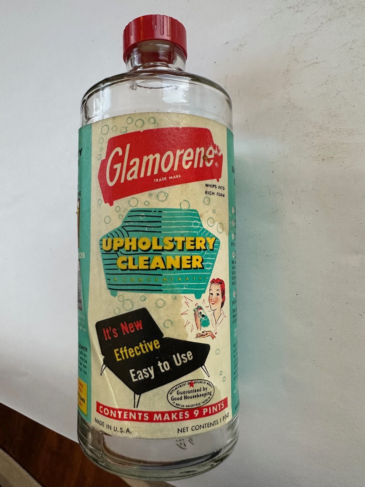 Vintage Glamorene Upholstery Cleaner One Pint Bottle With Lid. No contents.