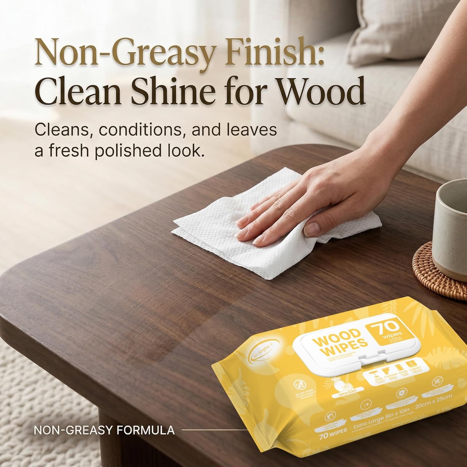 Wood Cleaner Wipes 210 Count, XL 8in x 10in Clean Polish Protect