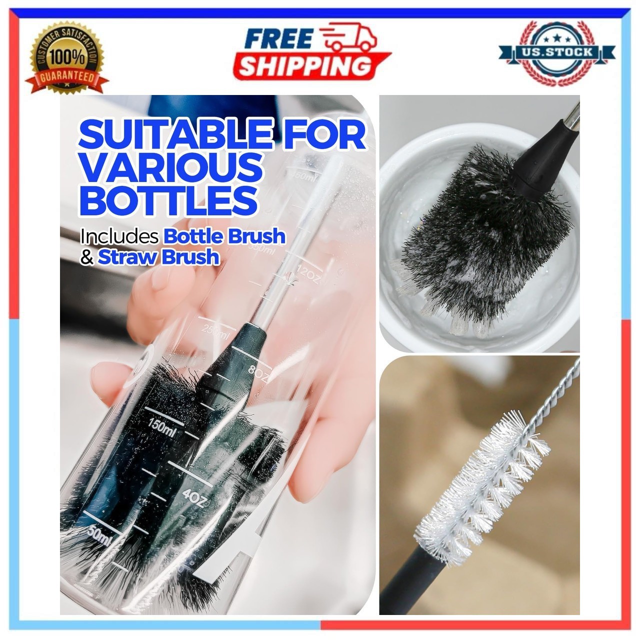 14 Inch Stainless Steel Bottle Brush Set with 3 Straw Cleaners