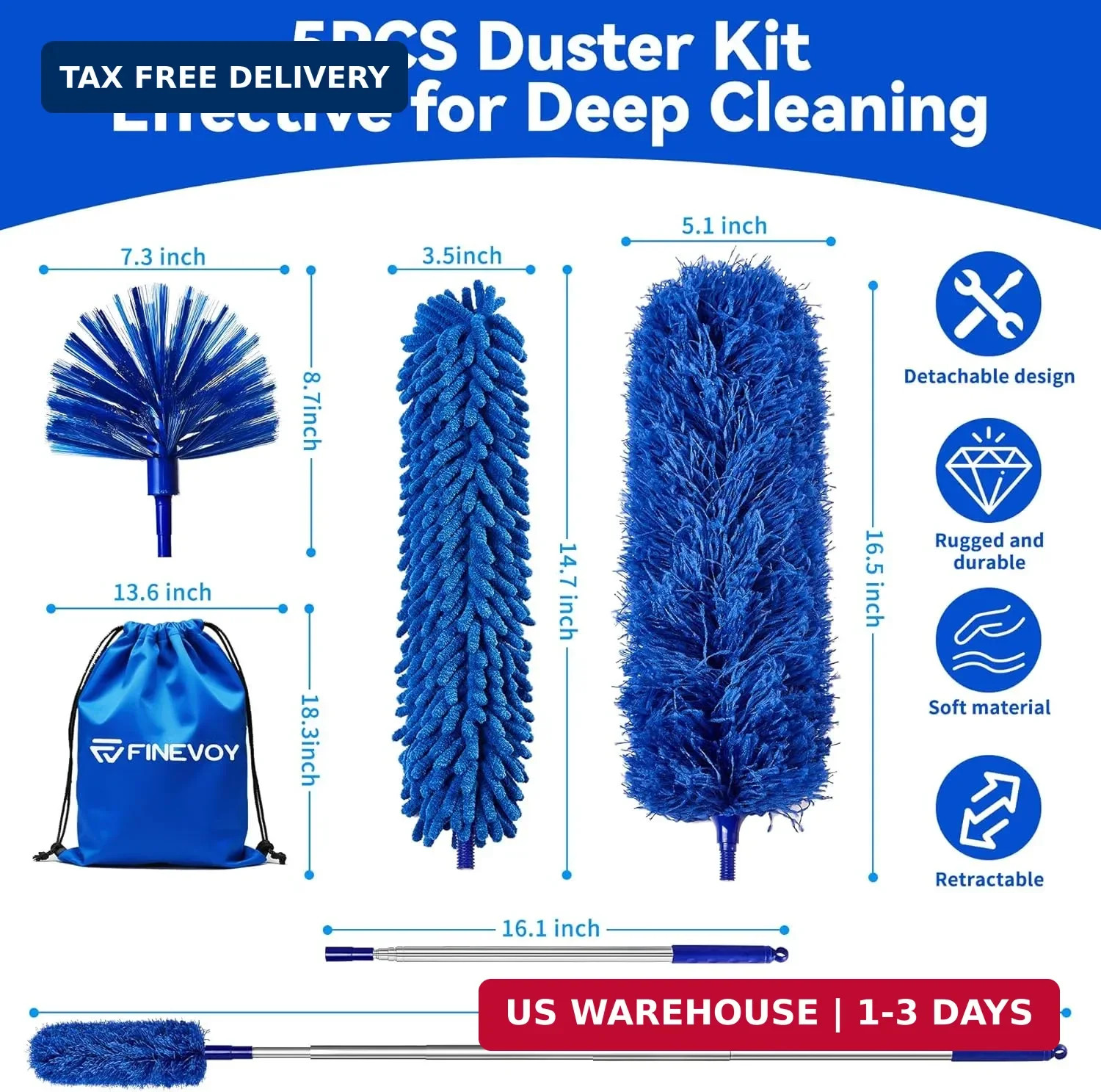 Dusters for Cleaning, Duster with Extension Pole 5 in 1 Kit, Cobweb Duster, Long