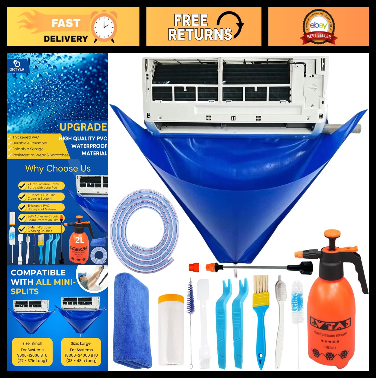 13Pcs Mini Split AC Cleaning Kit with 2L Sprayer & Waterproof Cover, HVAC Tools