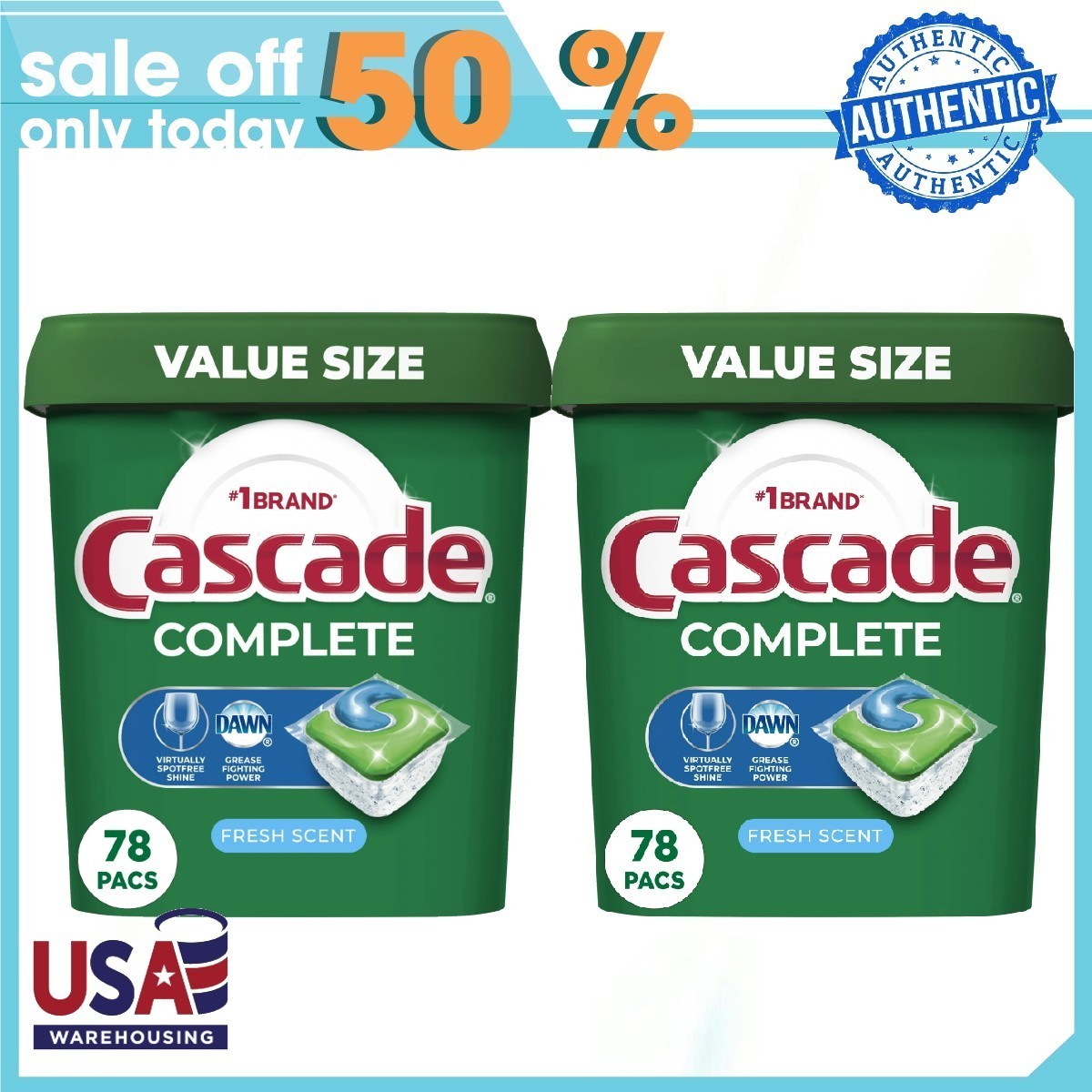 (2p) Cascade Complete Dishwasher-Pods ActionPacs Detergent Tabs Fresh Scent 78ct