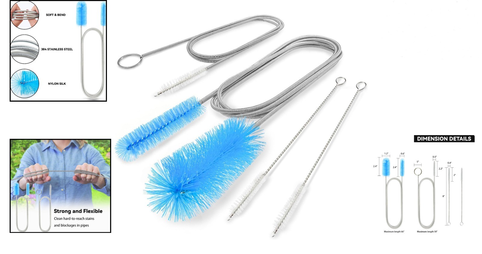 66 Inch Flexible Drain Brush & 58 Inch Pipe Cleaner with 8 Inch Straw Brushes