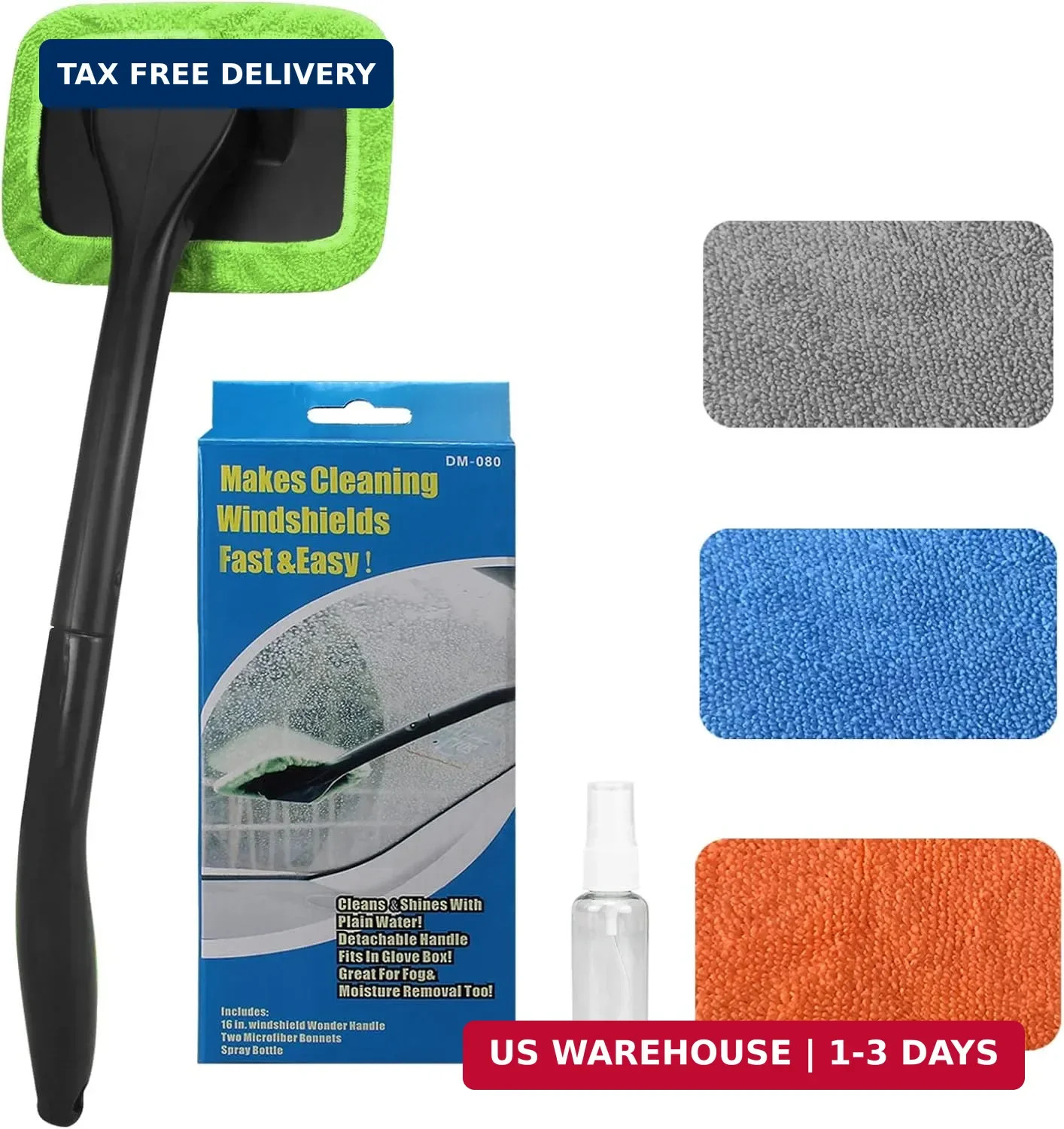 Portable Windshield Cleaner Tool with Extended Long Handle & 4 Microfiber Pads