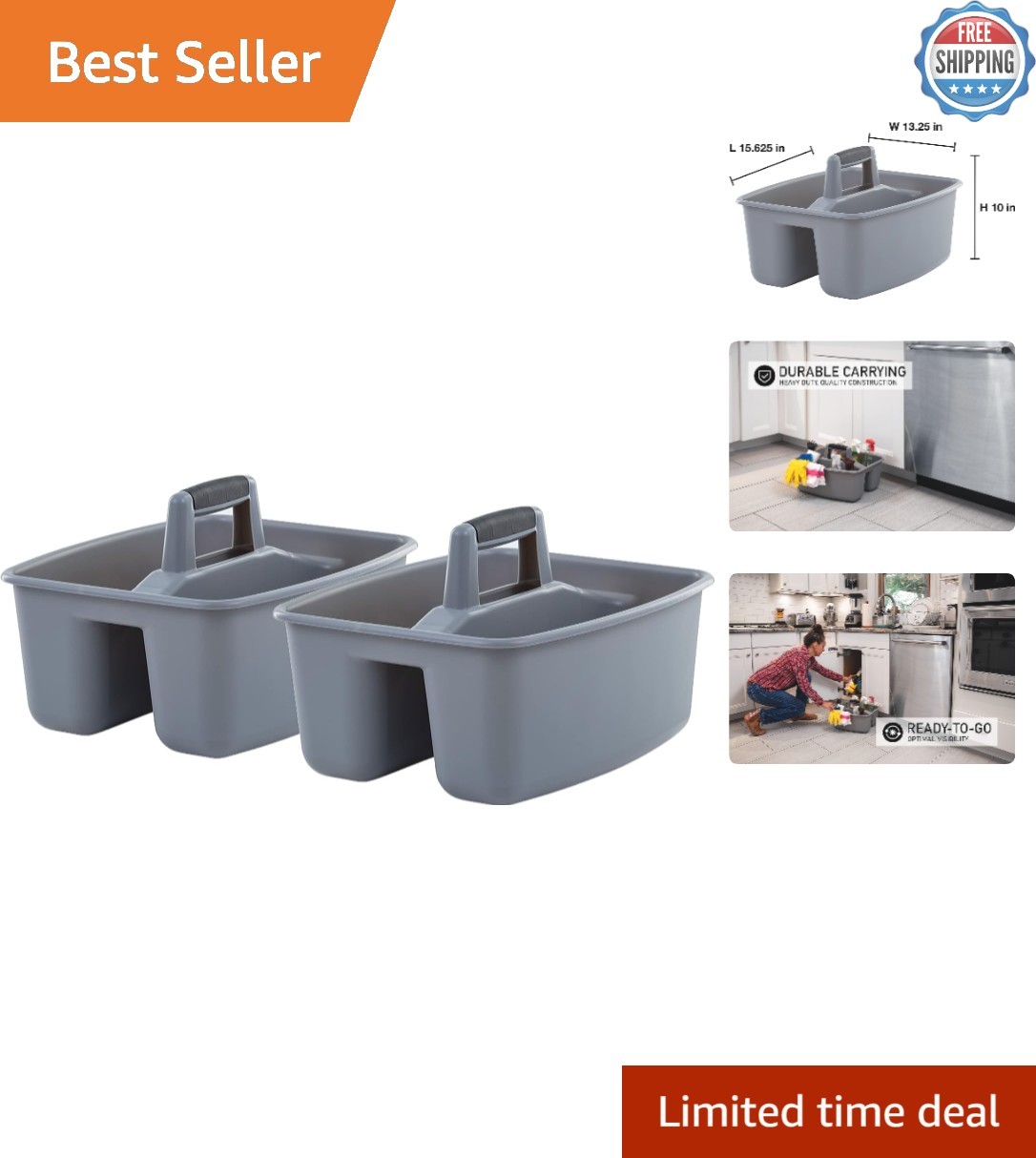 MightyTuff All-Purpose Cleaning Caddy – Durable & Portable – 2 Count, Grey/Black
