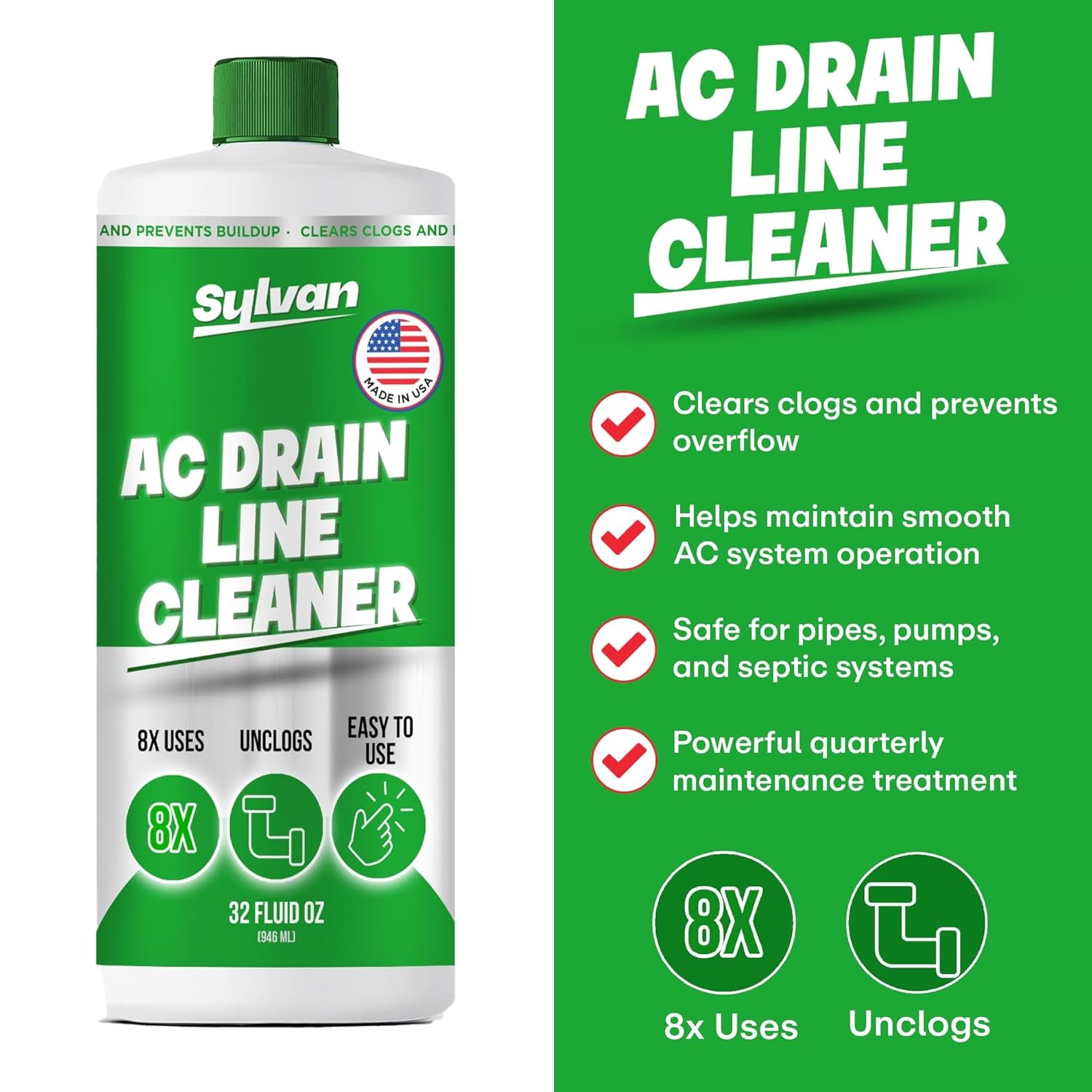 AC Drain Line Cleaner 32 Oz 12 Month Supply w/ Free XXL Drain Brush Air
