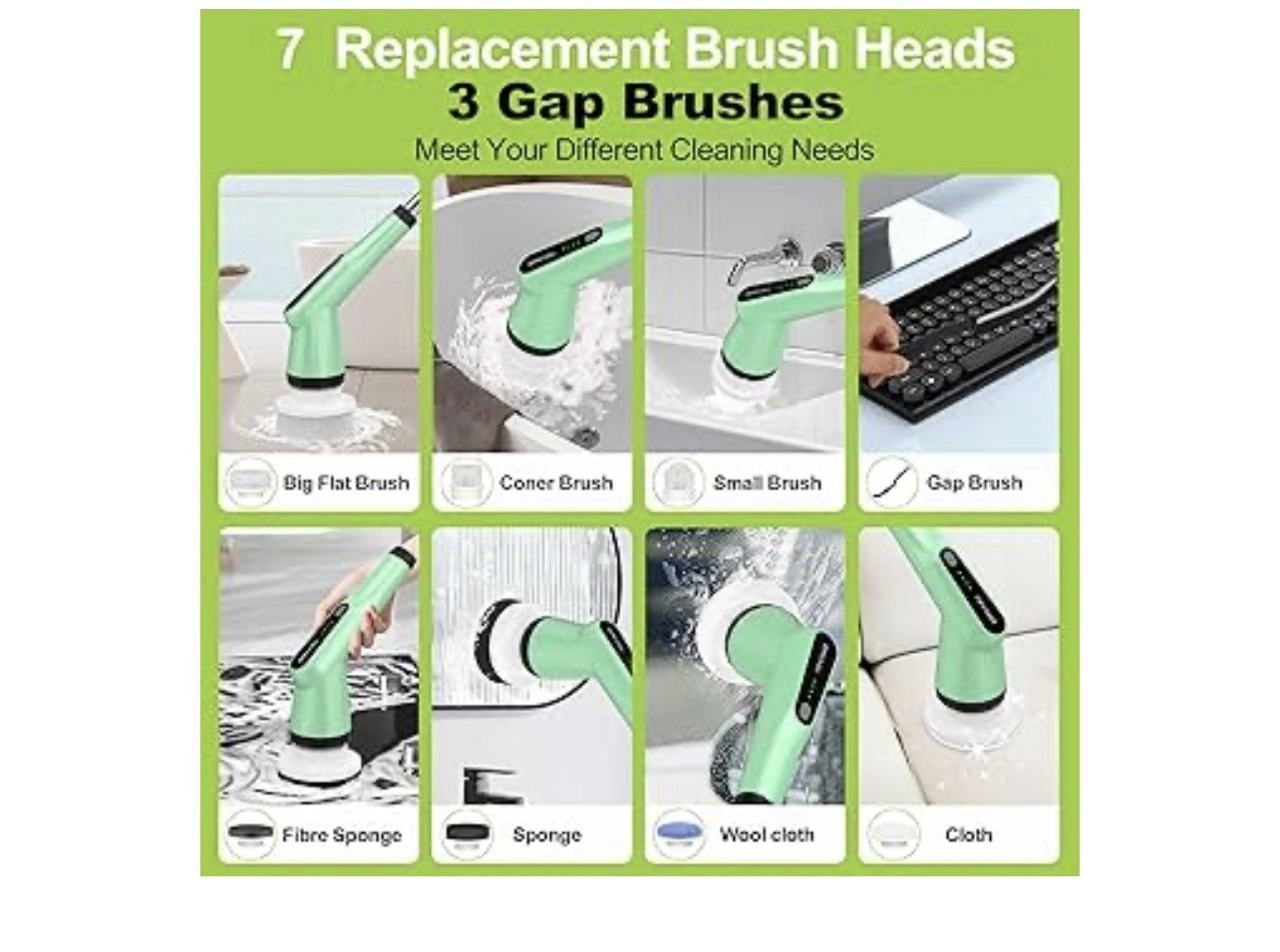 G2-Electric Spin Scrubber – IPX7 Waterproof 10-in-1 Shower Cleaner Brush Green
