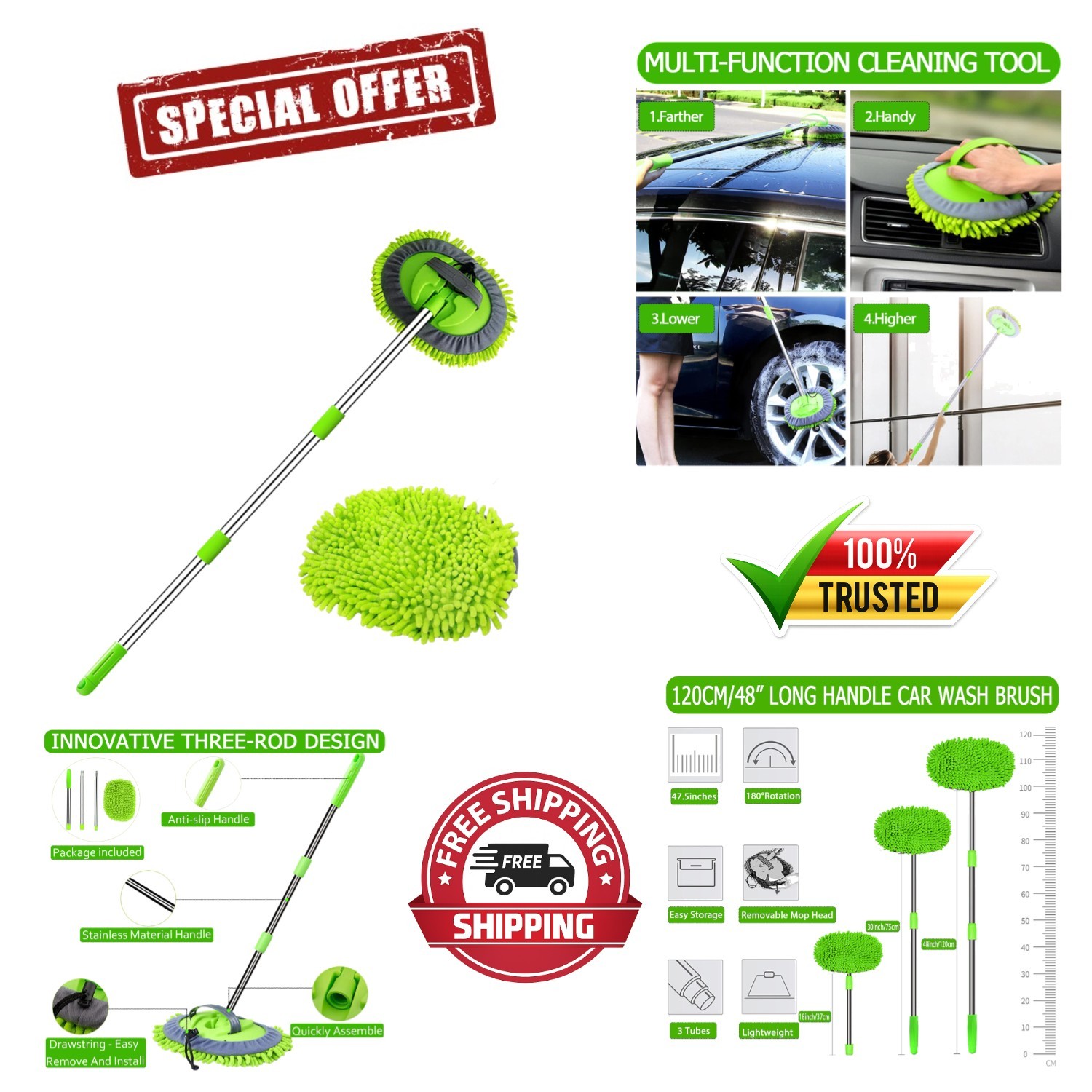 62″ Car Wash Brush Kit Mitt Mop Sponge with Long Handle Chenille Microfiber