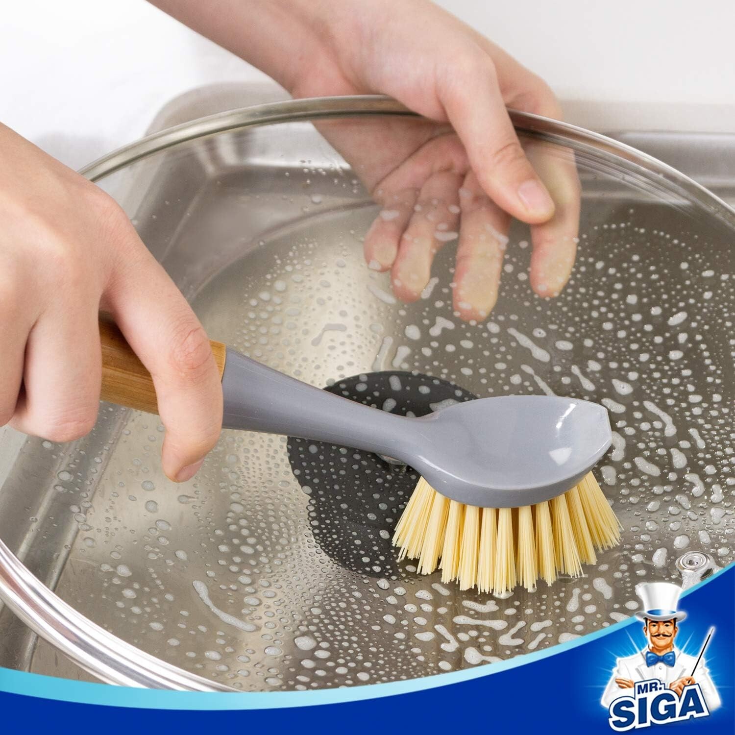 Dish Brush Bamboo Handle Pack of 2 Built-in Scraper Kitchen Sink Cleaning