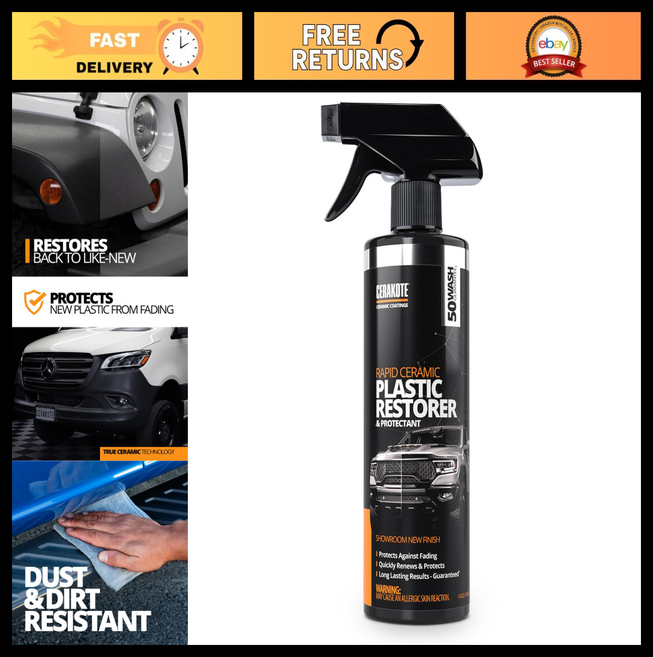 Ceramic Plastic Restorer Spray 14 oz – 50+ Wash Rating, Non-Greasy, Restores Fad