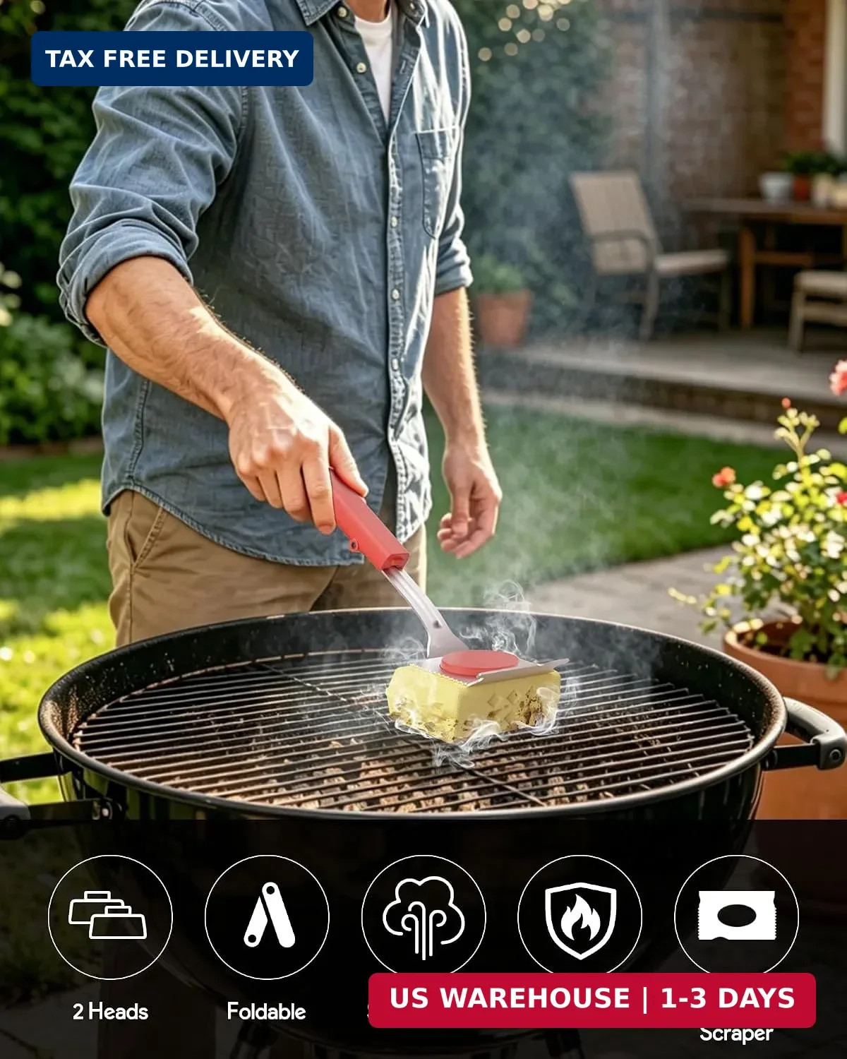 Grill Brush Bristle Free, Steam Grill Cleaning Brush with Scraper, One-Fit-All f