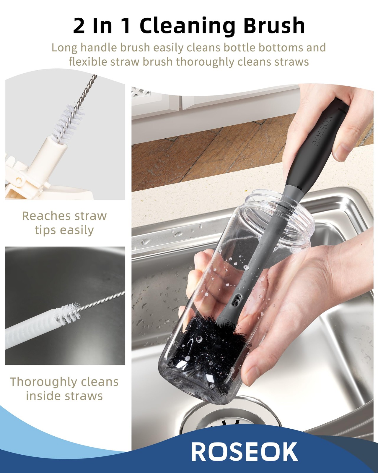2 in 1 Long Handle Bottle Brush with Straw Brush for Cleaning Glass, Sports B…